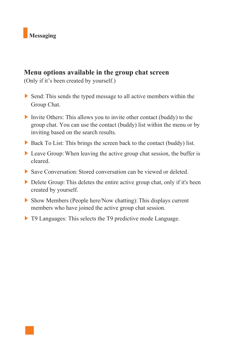 Menu options available in the group chat screen | LG L1400 User Manual | Page 54 / 132