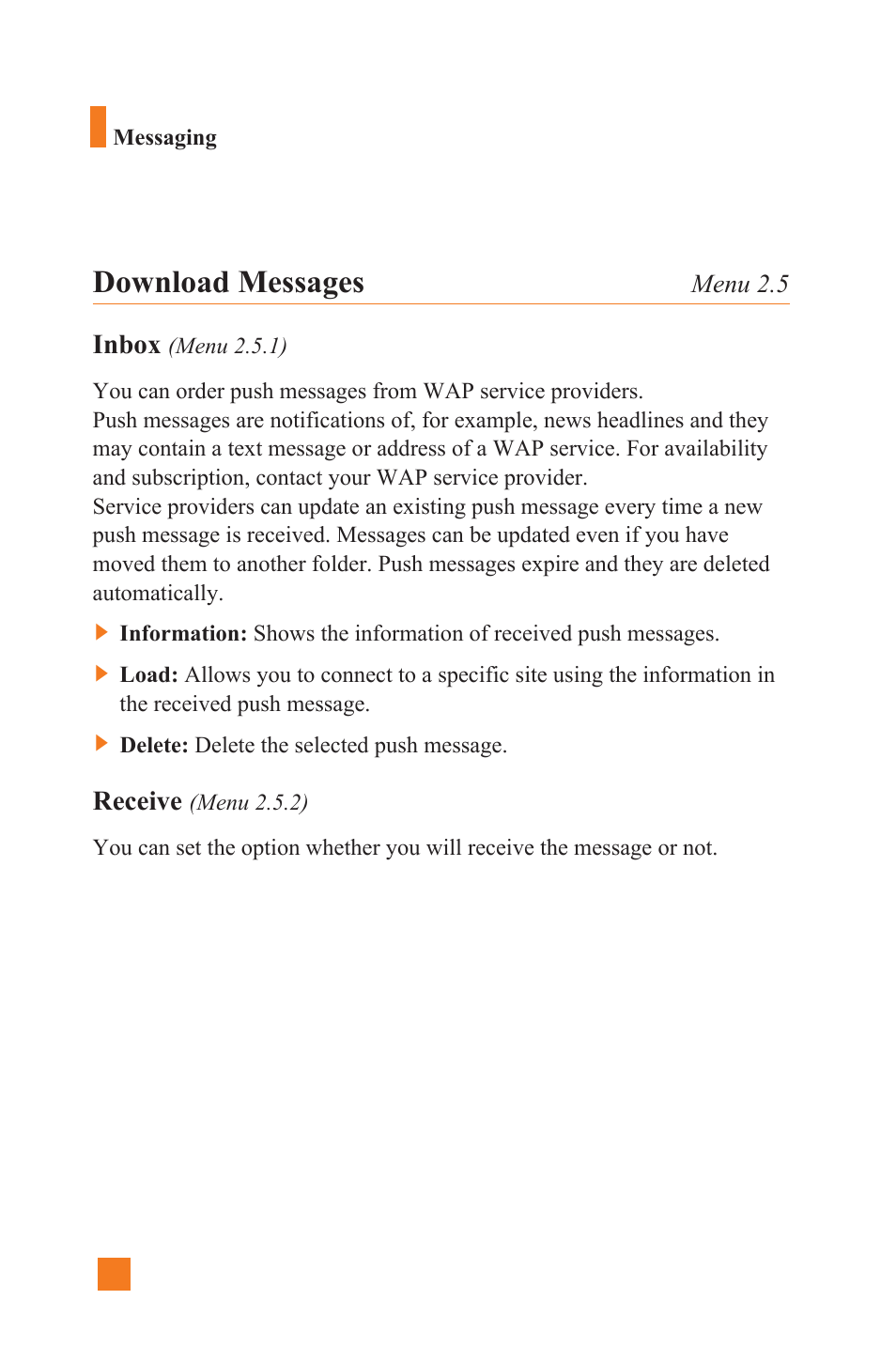 Download messages, Inbox, Receive | LG L1400 User Manual | Page 62 / 132