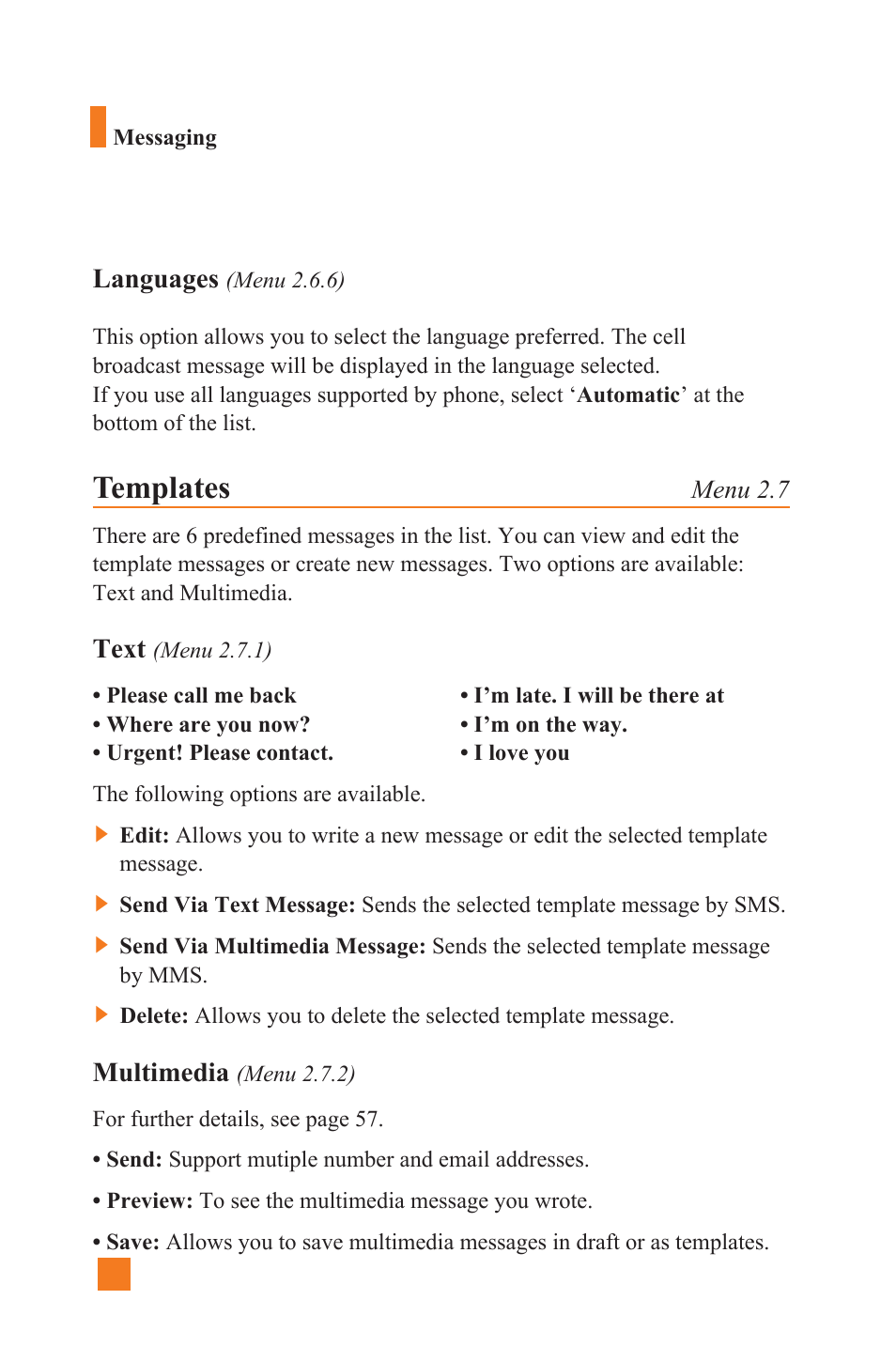 Templates, Languages, Text | Multimedia | LG L1400 User Manual | Page 64 / 132