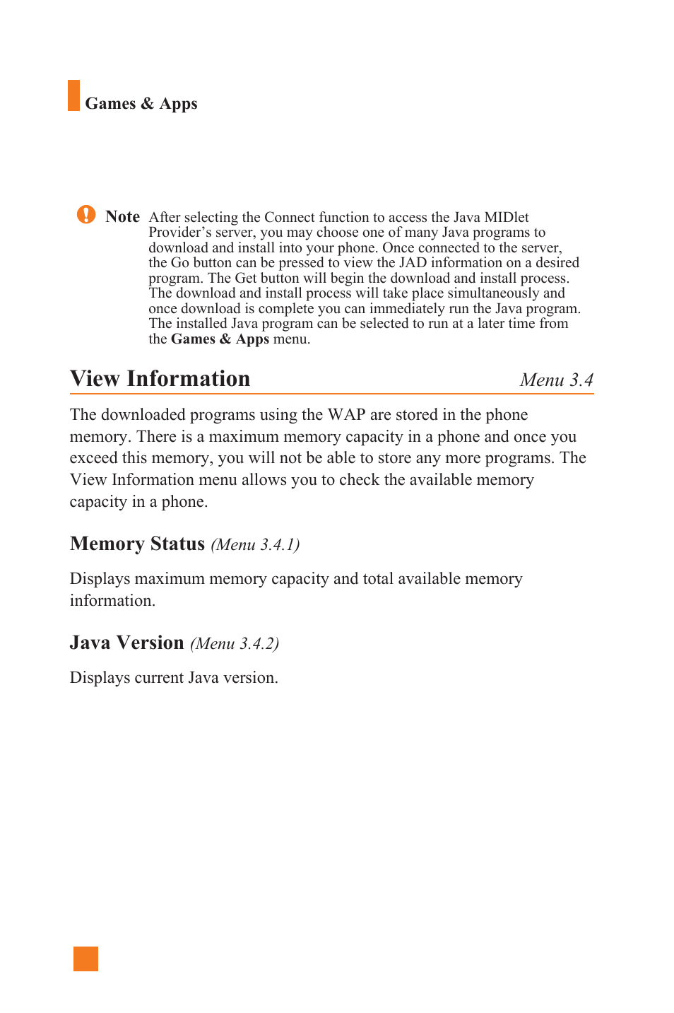 View information, Java version, Menu 3.4 | LG L1400 User Manual | Page 68 / 132