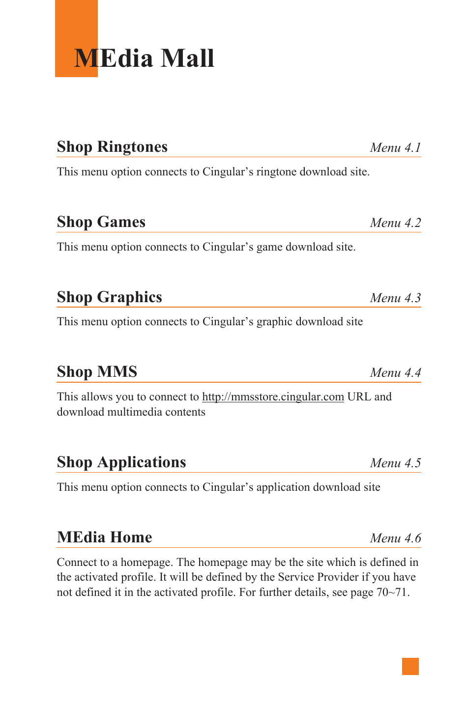 Media mall, Shop ringtones, Shop games | Shop graphics, Shop mms, Shop applications, Media home | LG L1400 User Manual | Page 69 / 132