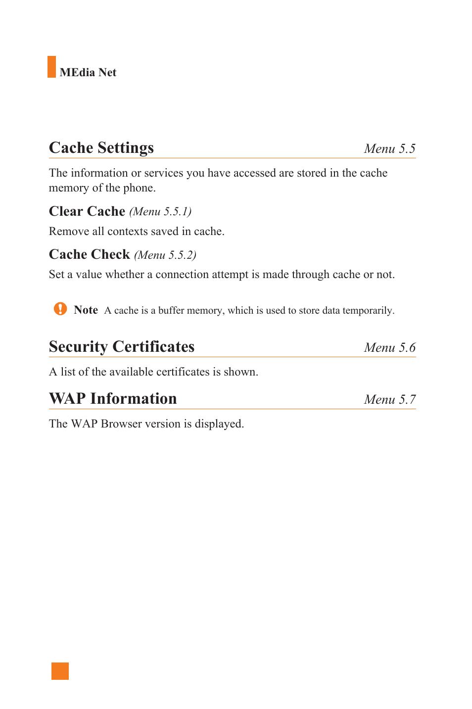 Cache settings, Security certificates, Wap information | LG L1400 User Manual | Page 74 / 132