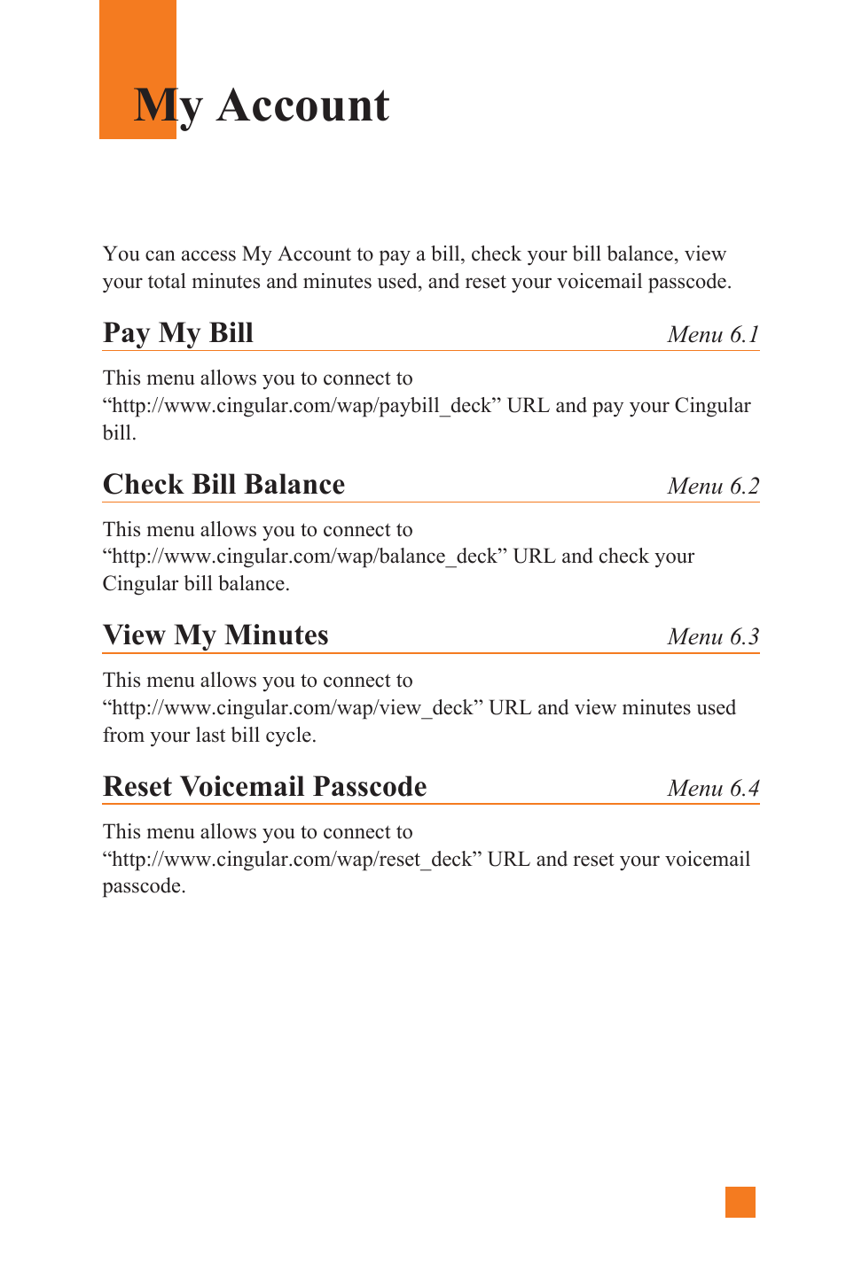 My account, Pay my bill, Check bill balance | View my minutes, Reset voicemail passcode | LG L1400 User Manual | Page 75 / 132