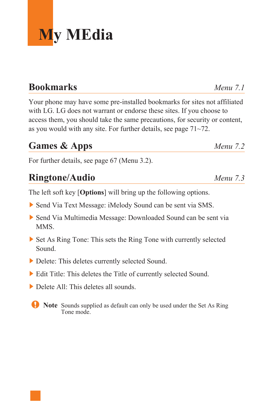 My media, Bookmarks, Games & apps | Ringtone/audio | LG L1400 User Manual | Page 76 / 132