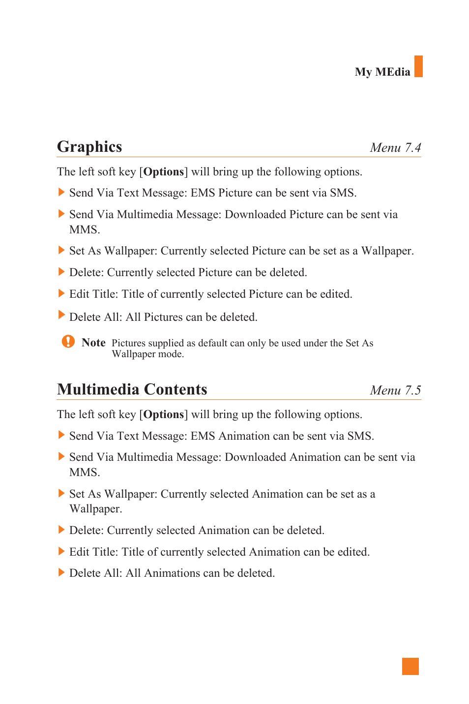 Graphics, Multimedia contents, Menu 7.4 | Menu 7.5 | LG L1400 User Manual | Page 77 / 132