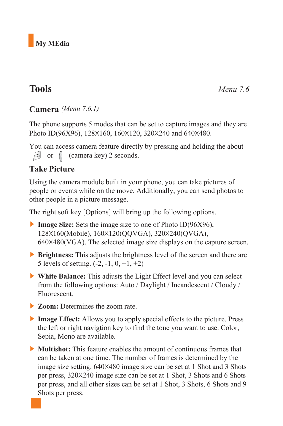 Tools, Camera, Menu 7.6 | Take picture | LG L1400 User Manual | Page 78 / 132