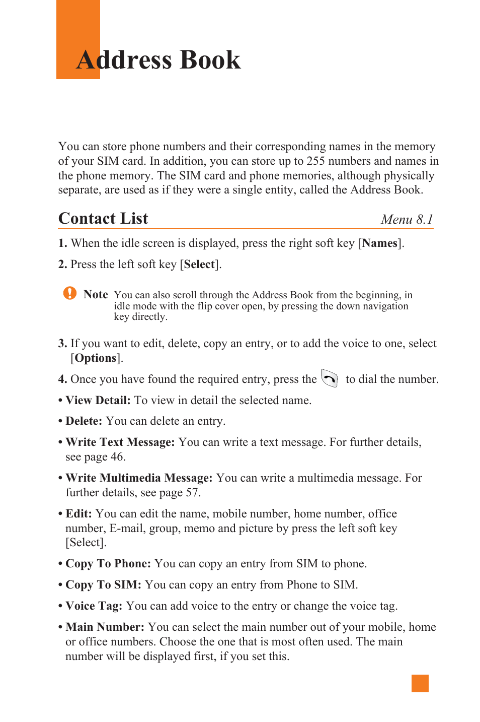Address book, Contact list | LG L1400 User Manual | Page 89 / 132