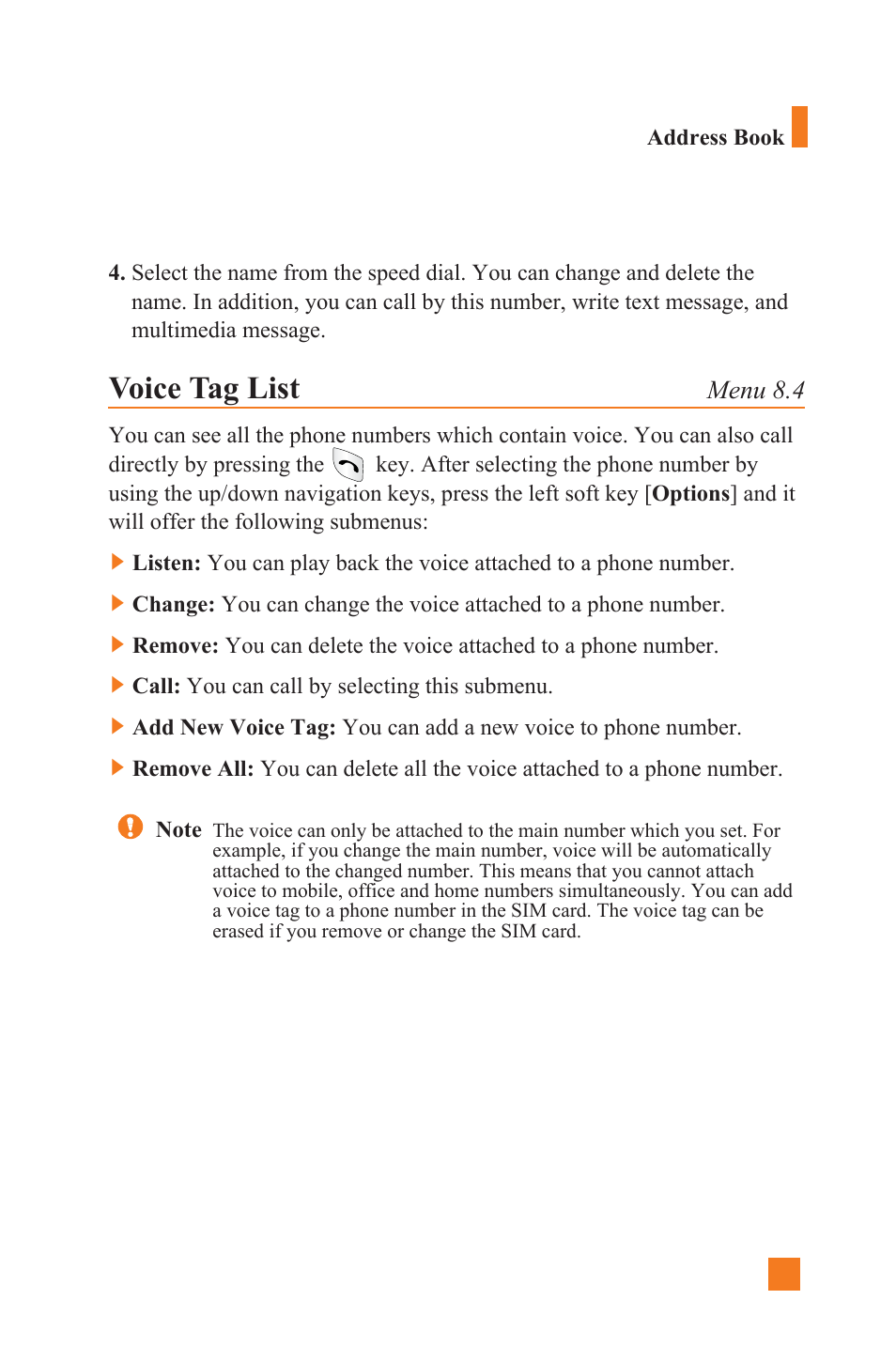 Voice tag list, Menu 8.4 | LG L1400 User Manual | Page 91 / 132