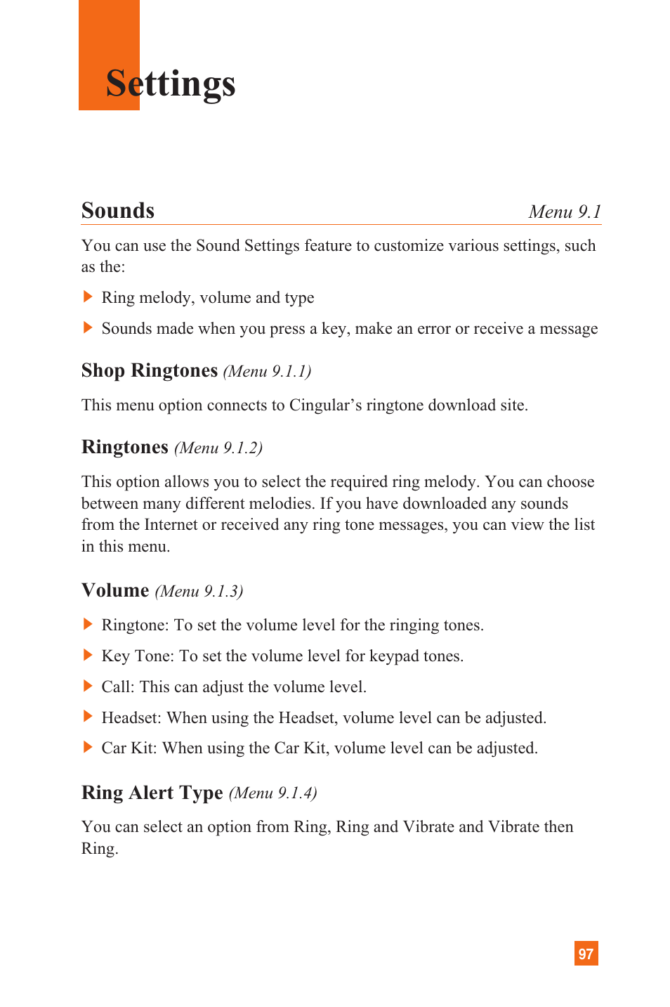 Settings, Sounds | LG L1400 User Manual | Page 95 / 132