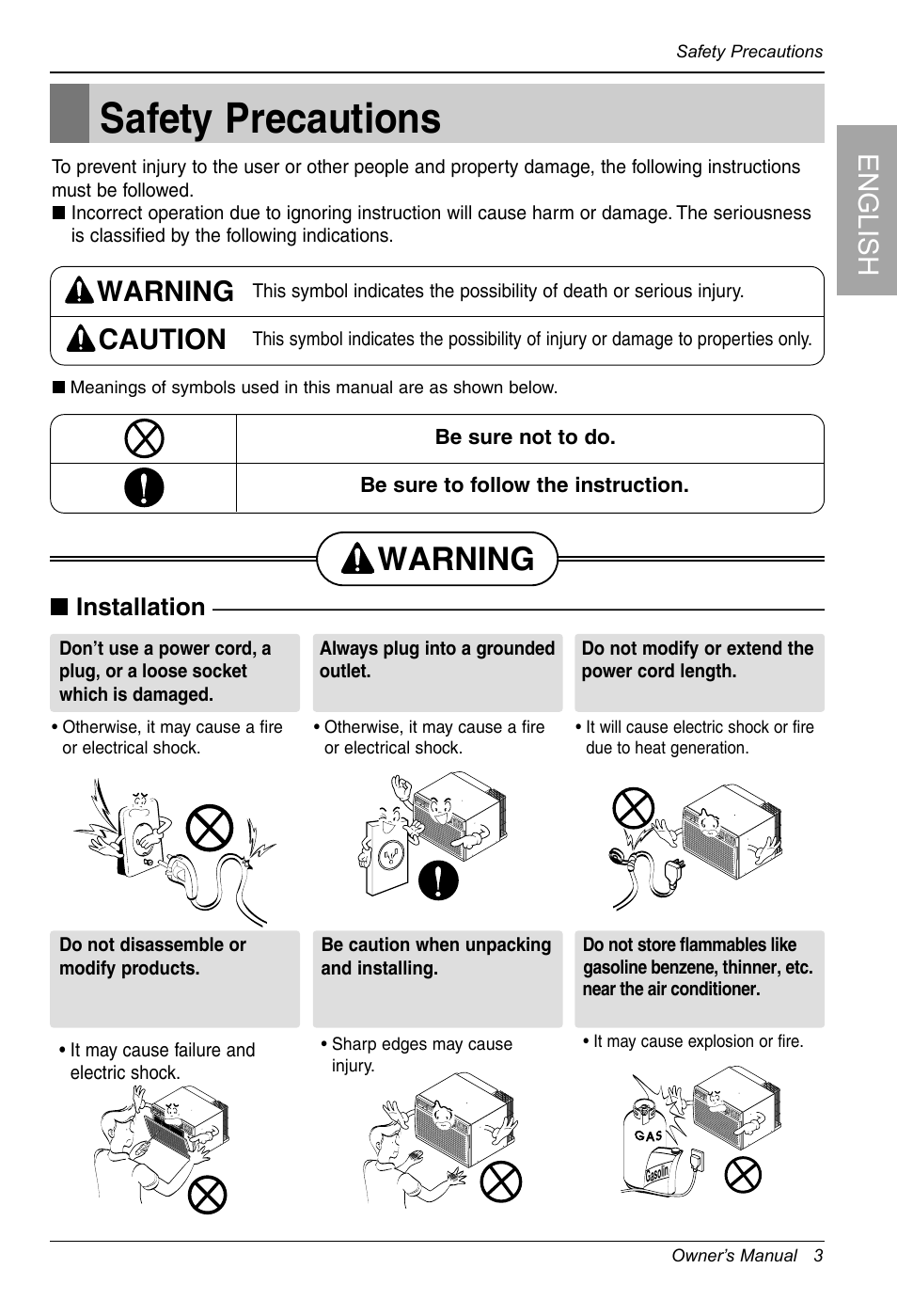 Safety precautions, Warning, English | Warning caution, Installation | LG LT1213CNR User Manual | Page 3 / 48