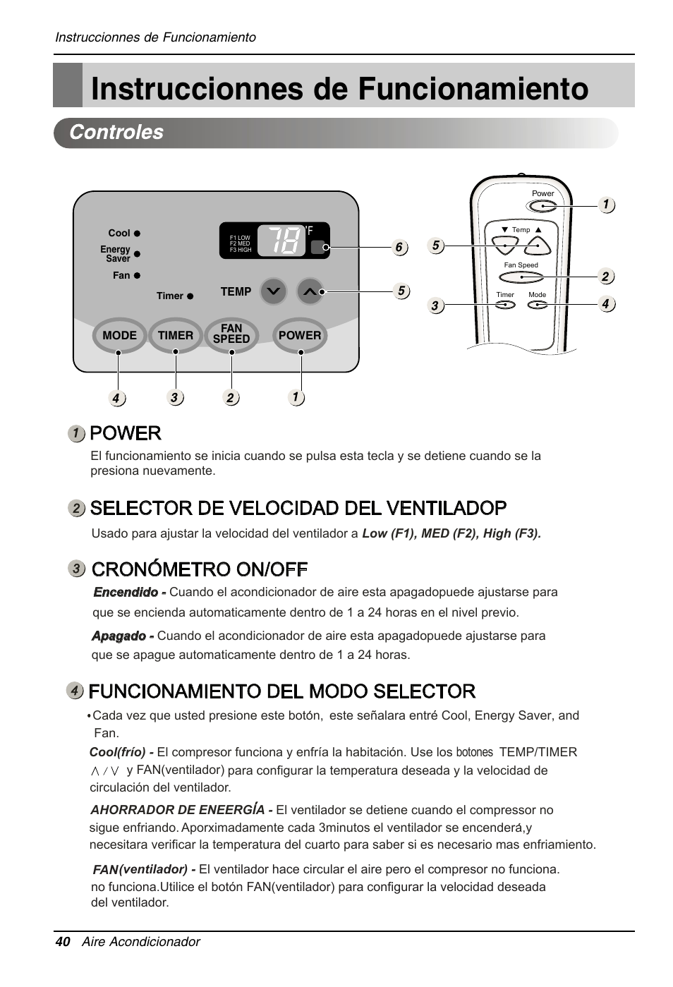 Instruccionnes de funcionamiento, Power, Selector de velocidad del ventiladop | Cronometro on/off, Funcionamiento del modo selector | LG LT1213CNR User Manual | Page 40 / 48