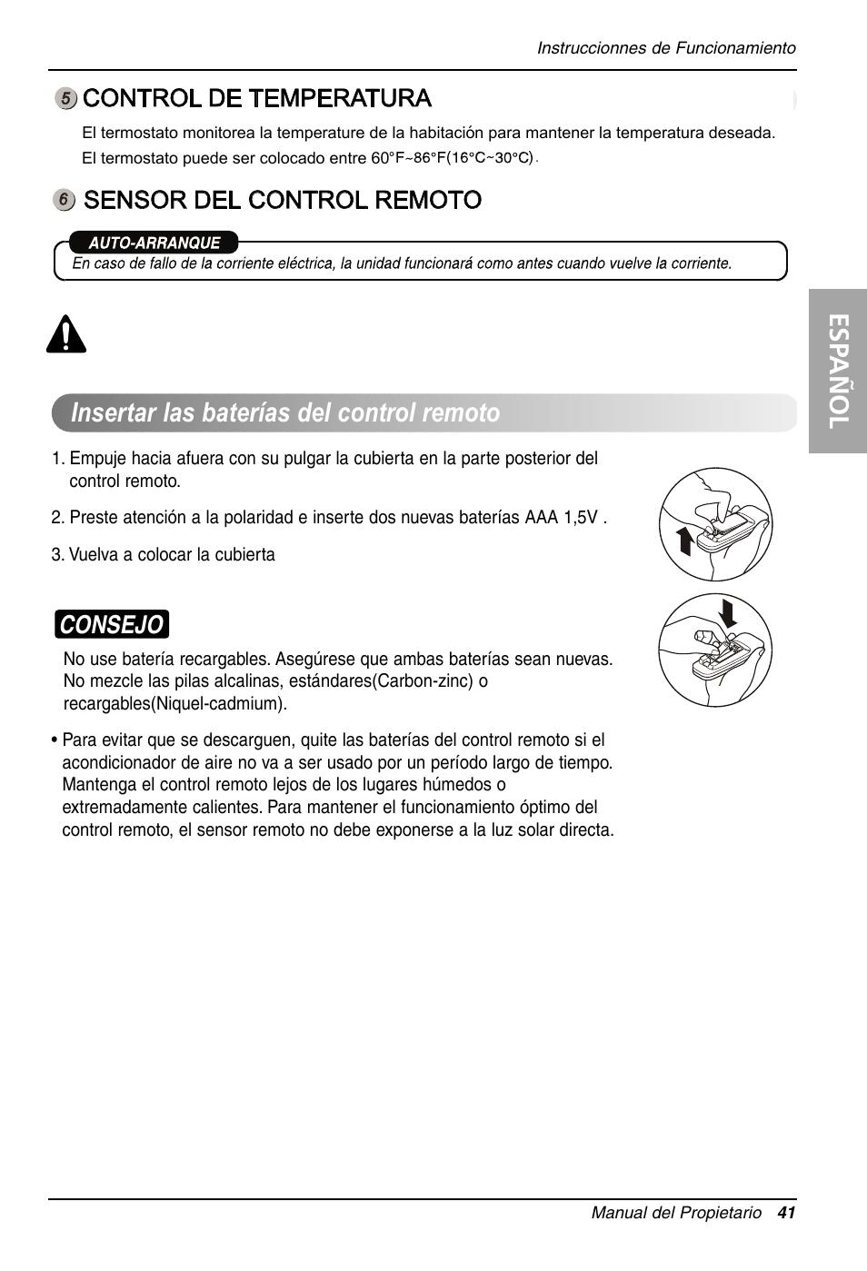 Esp añol, Insertar las baterías del control remoto, Consejo | Control de temperatura, Sensor del control remoto | LG LT1213CNR User Manual | Page 41 / 48