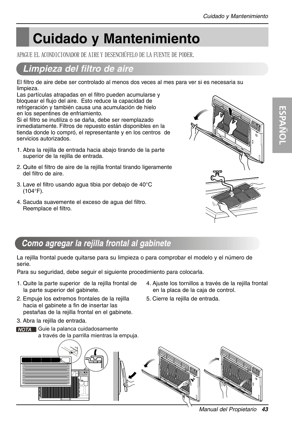 Cuidado y mantenimiento, Esp añol, Limpieza del filtro de aire | LG LT1213CNR User Manual | Page 43 / 48