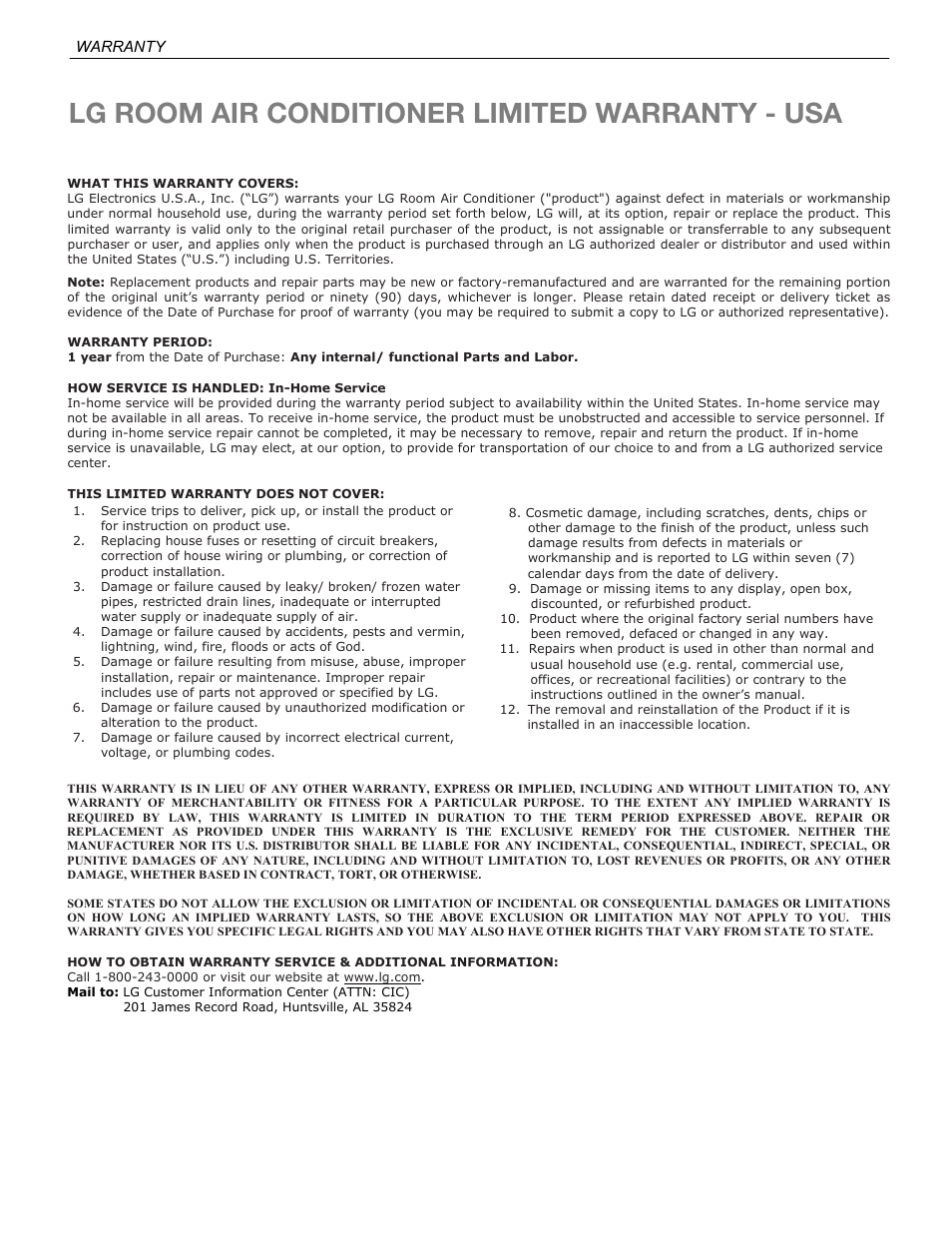 Lg room air conditioner limited warranty - usa, Warranty | LG LT1213CNR User Manual | Page 47 / 48
