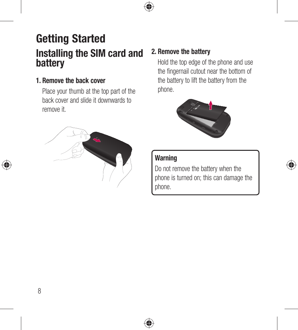 Getting started, Installing the sim card and battery | LG LG440G User Manual | Page 10 / 122