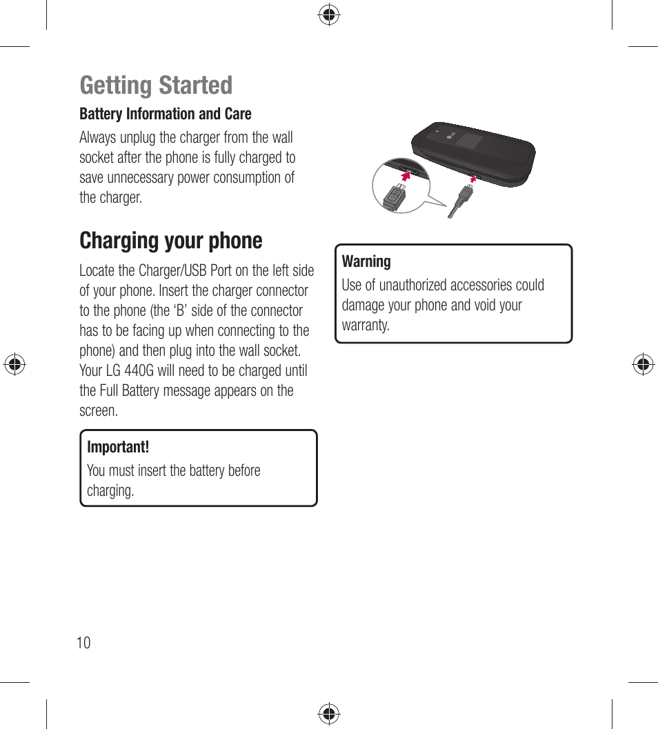 Getting started, Charging your phone | LG LG440G User Manual | Page 12 / 122
