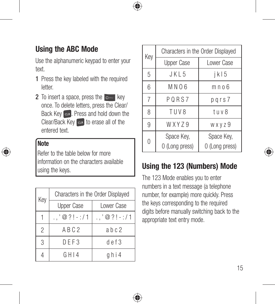 Using the abc mode, Using the 123 (numbers) mode | LG LG440G User Manual | Page 17 / 122