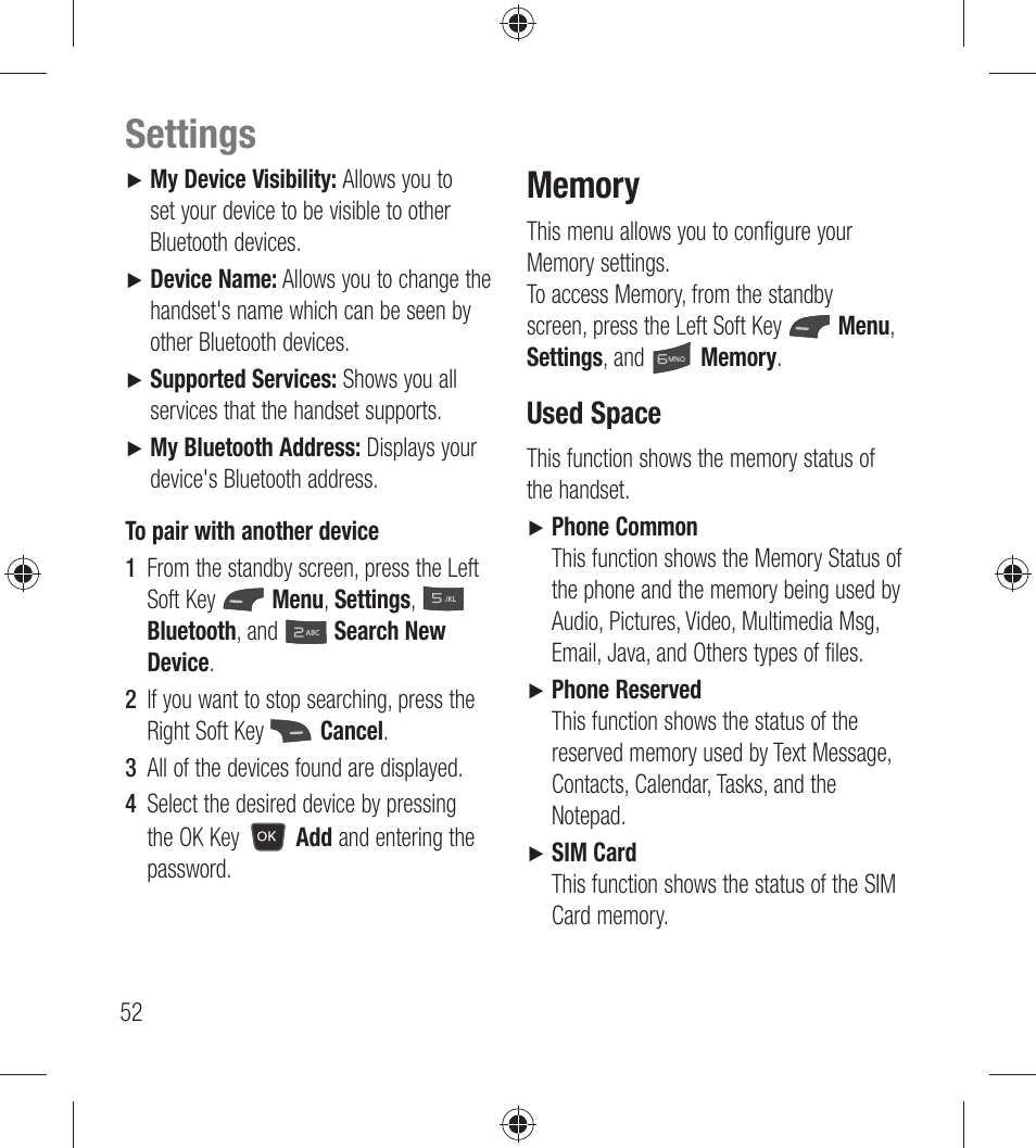 Settings, Used space | LG LG440G User Manual | Page 54 / 122