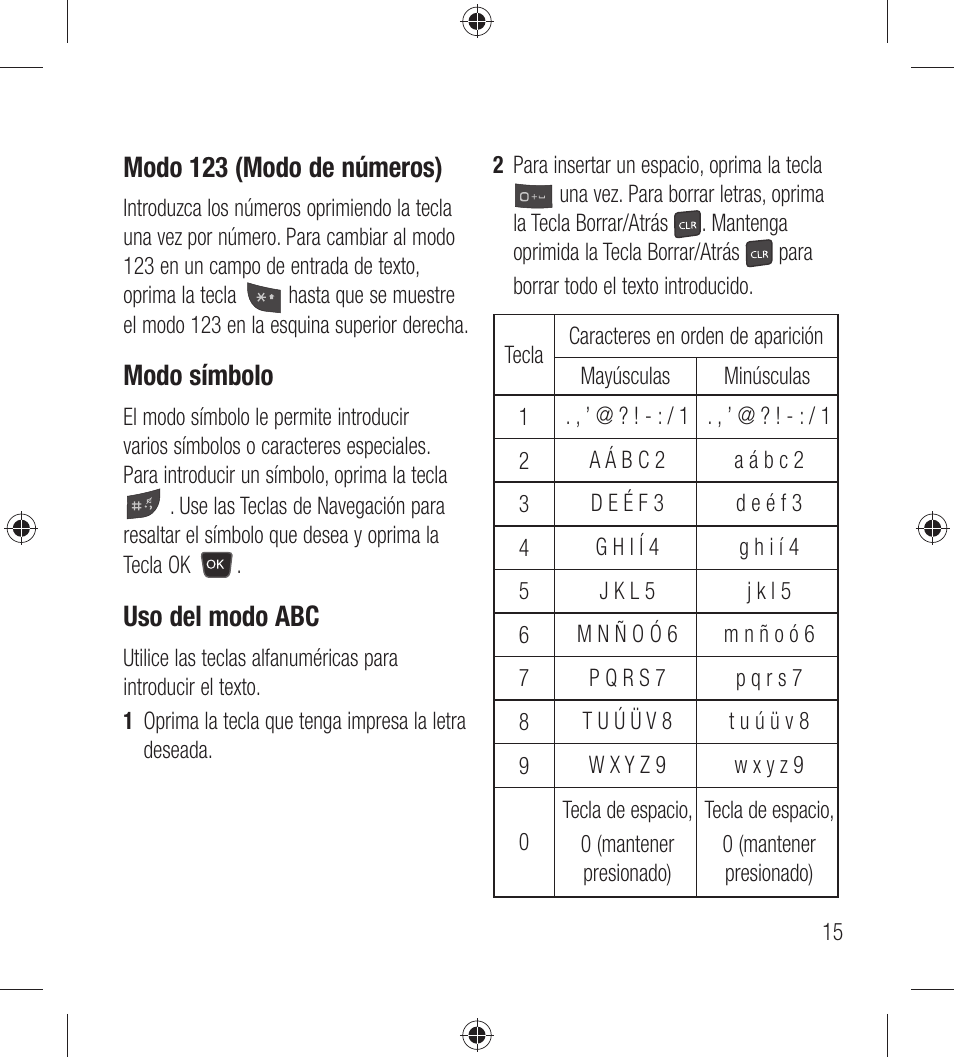 Modo 123 (modo de números), Modo símbolo, Uso del modo abc | LG LG440G User Manual | Page 75 / 122