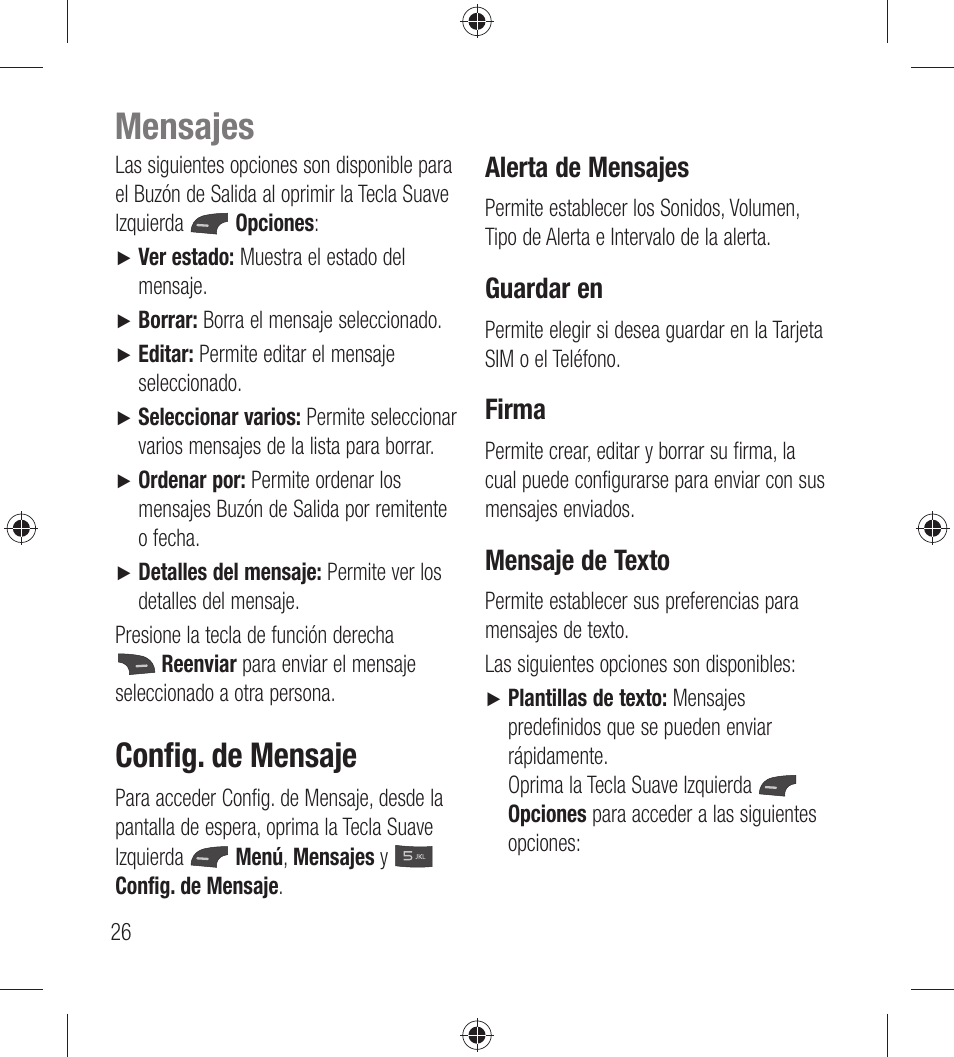 Mensajes, Conﬁg. de mensaje, Alerta de mensajes | Guardar en, Firma, Mensaje de texto | LG LG440G User Manual | Page 86 / 122