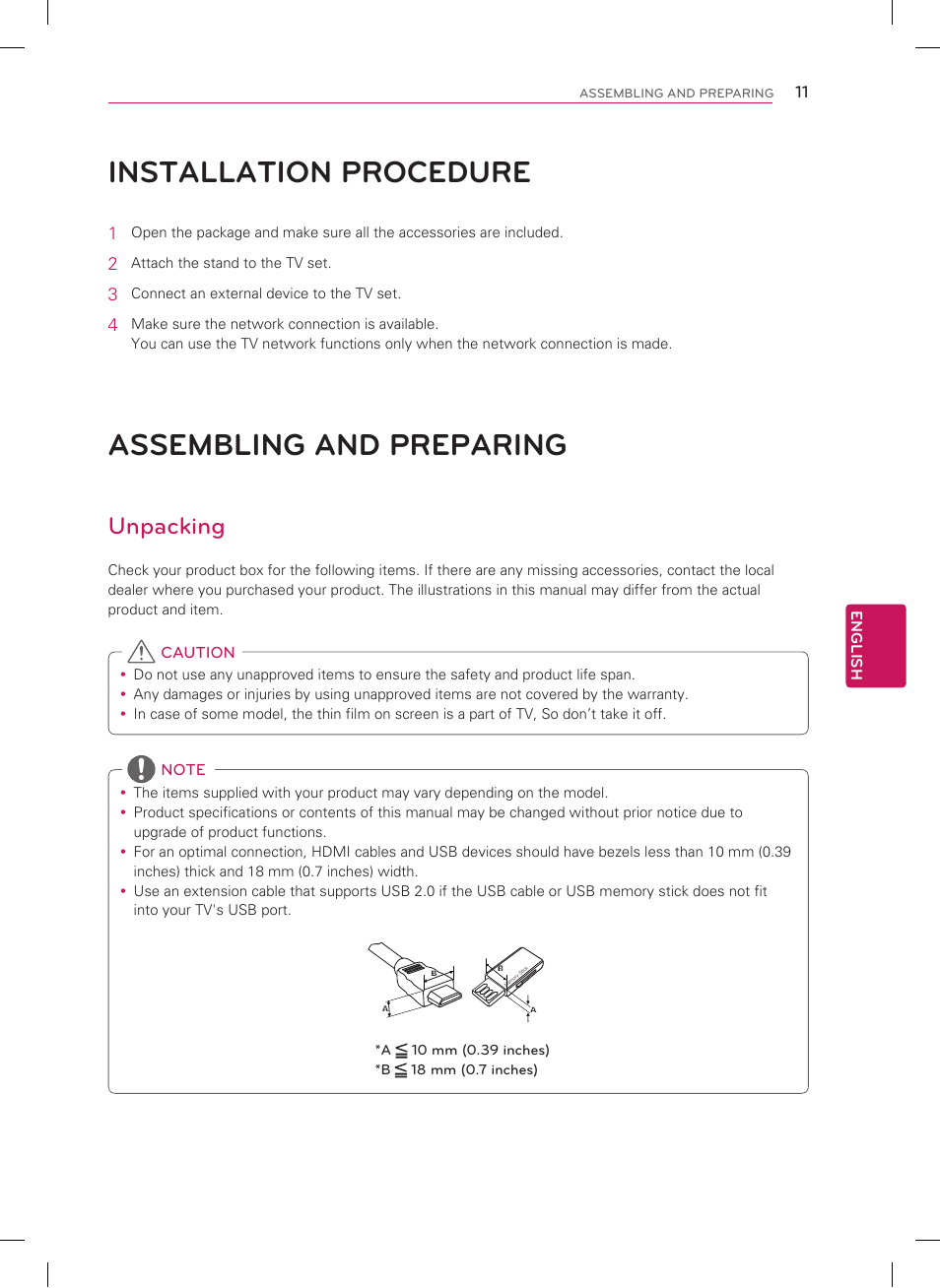 Installation procedure, Assembling and preparing, Unpacking | LG 55LM9600 User Manual | Page 11 / 40