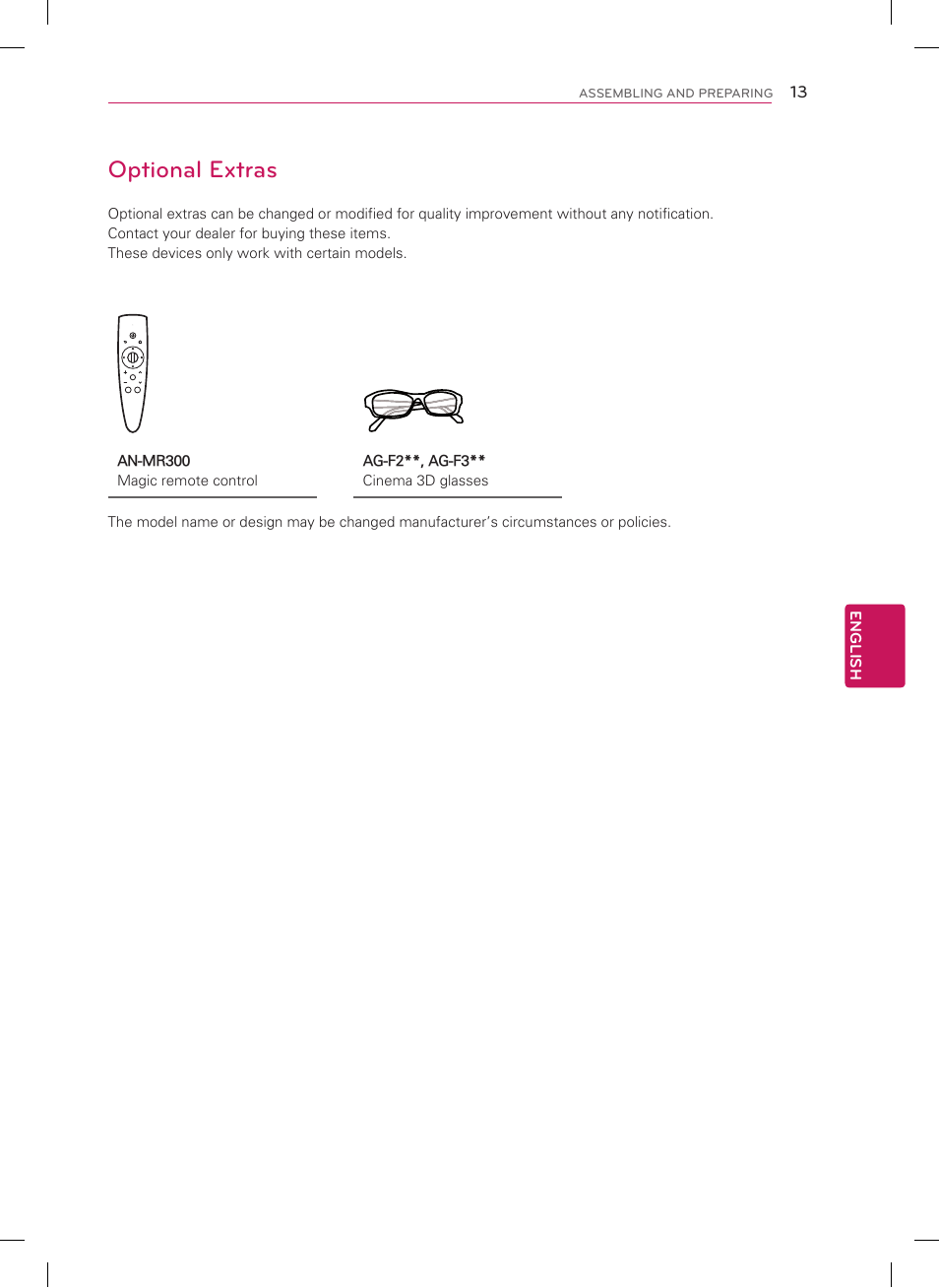 Optional extras | LG 55LM9600 User Manual | Page 13 / 40