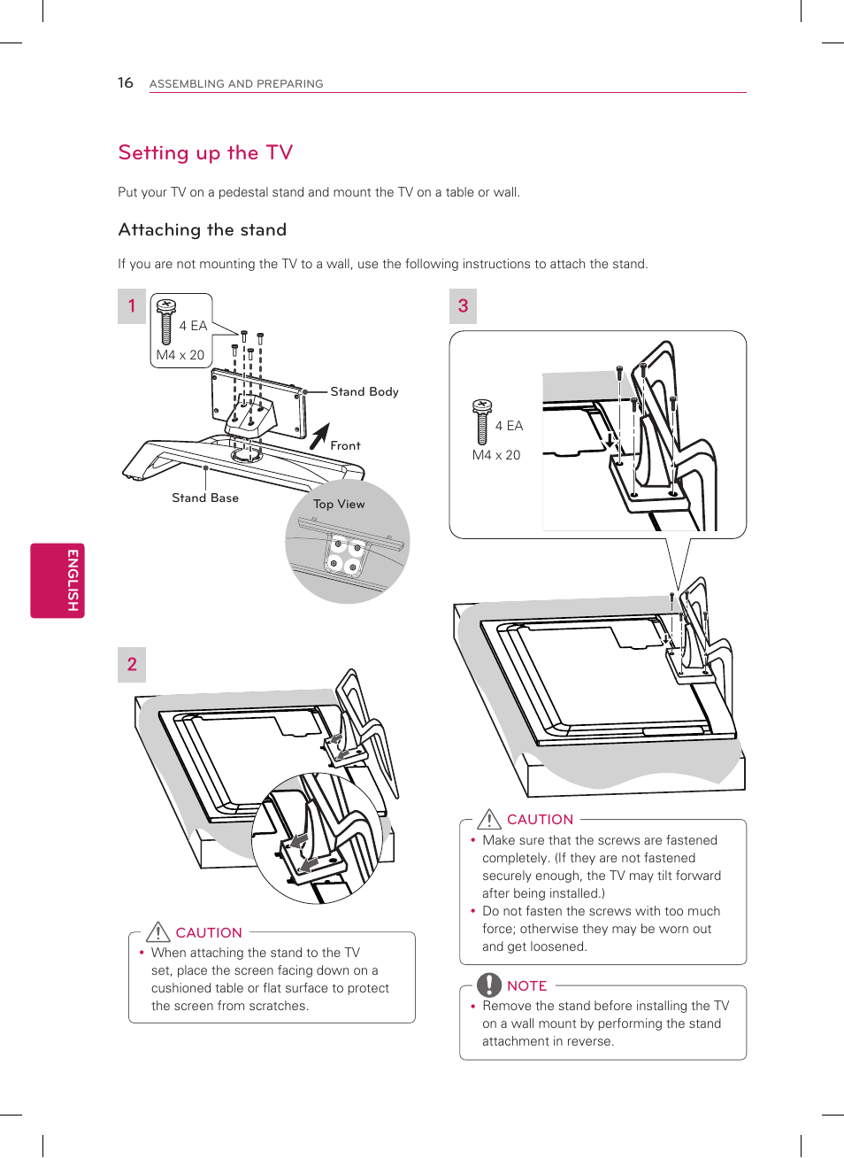 Setting up the tv, Attaching the stand | LG 55LM9600 User Manual | Page 16 / 40