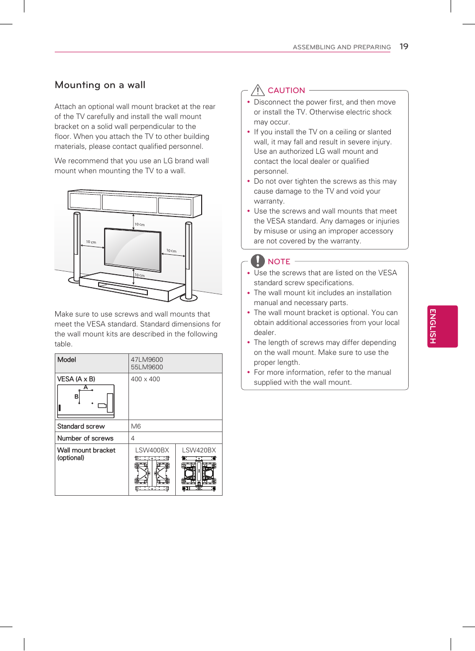 Mounting on a wall | LG 55LM9600 User Manual | Page 19 / 40