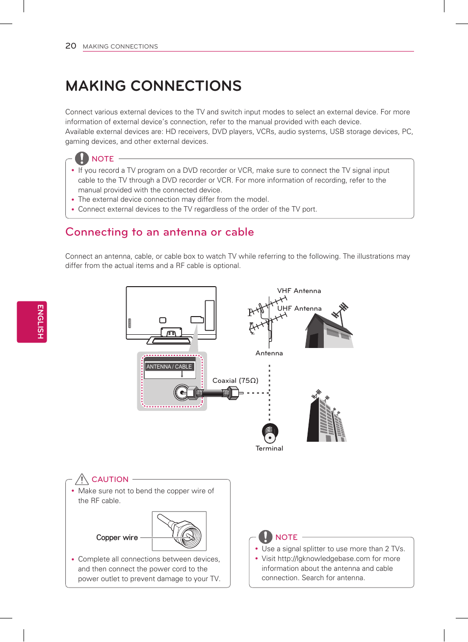 Making connections, Connecting to an antenna or cable | LG 55LM9600 User Manual | Page 20 / 40