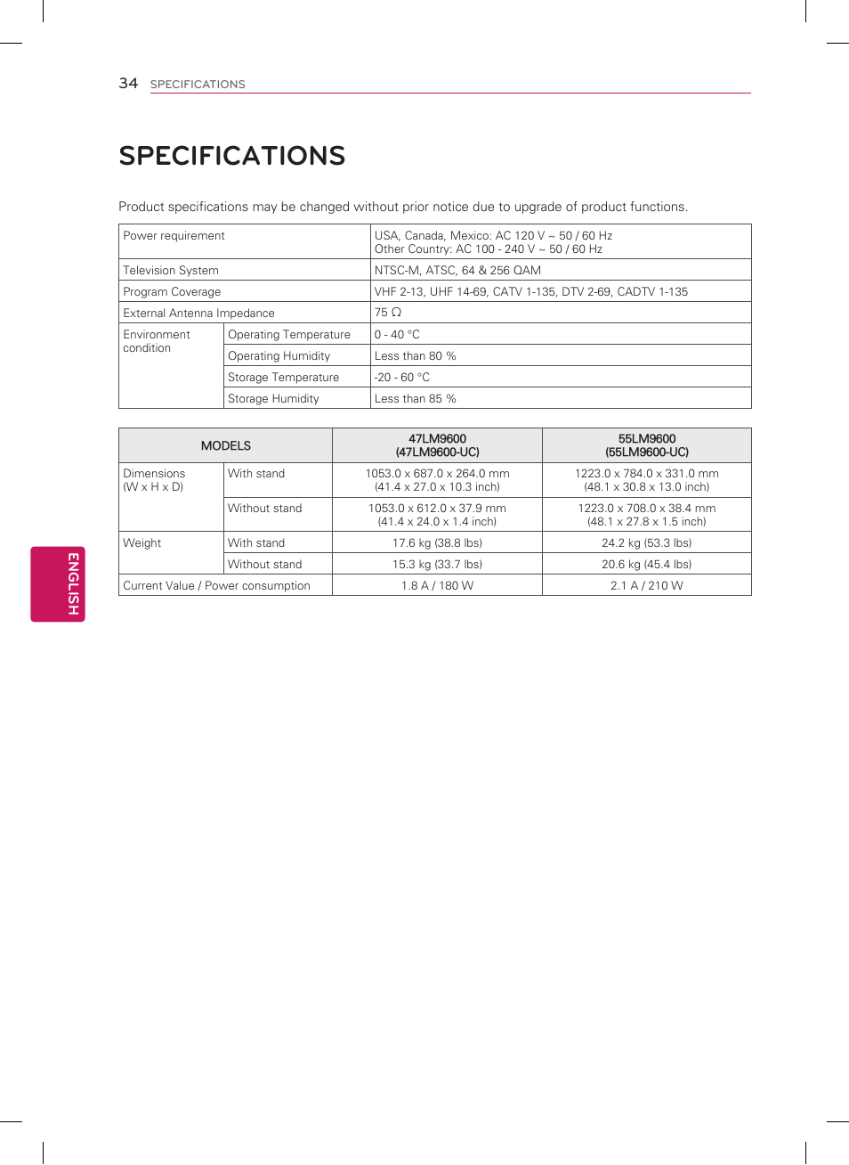 Specifications | LG 55LM9600 User Manual | Page 34 / 40