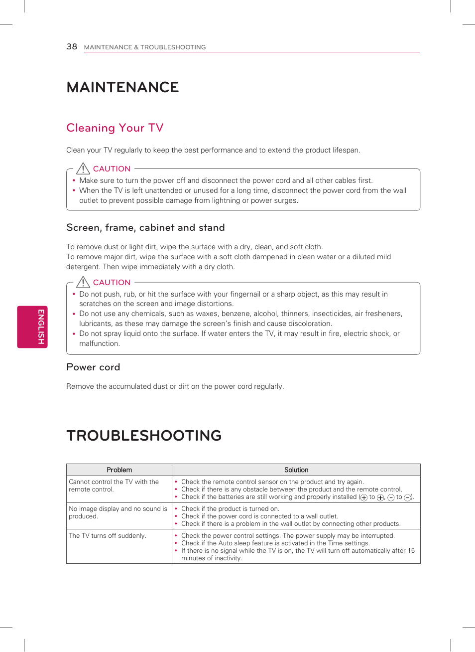 Maintenance, Troubleshooting, Cleaning your tv | Screen, frame, cabinet and stand, Power cord | LG 55LM9600 User Manual | Page 38 / 40