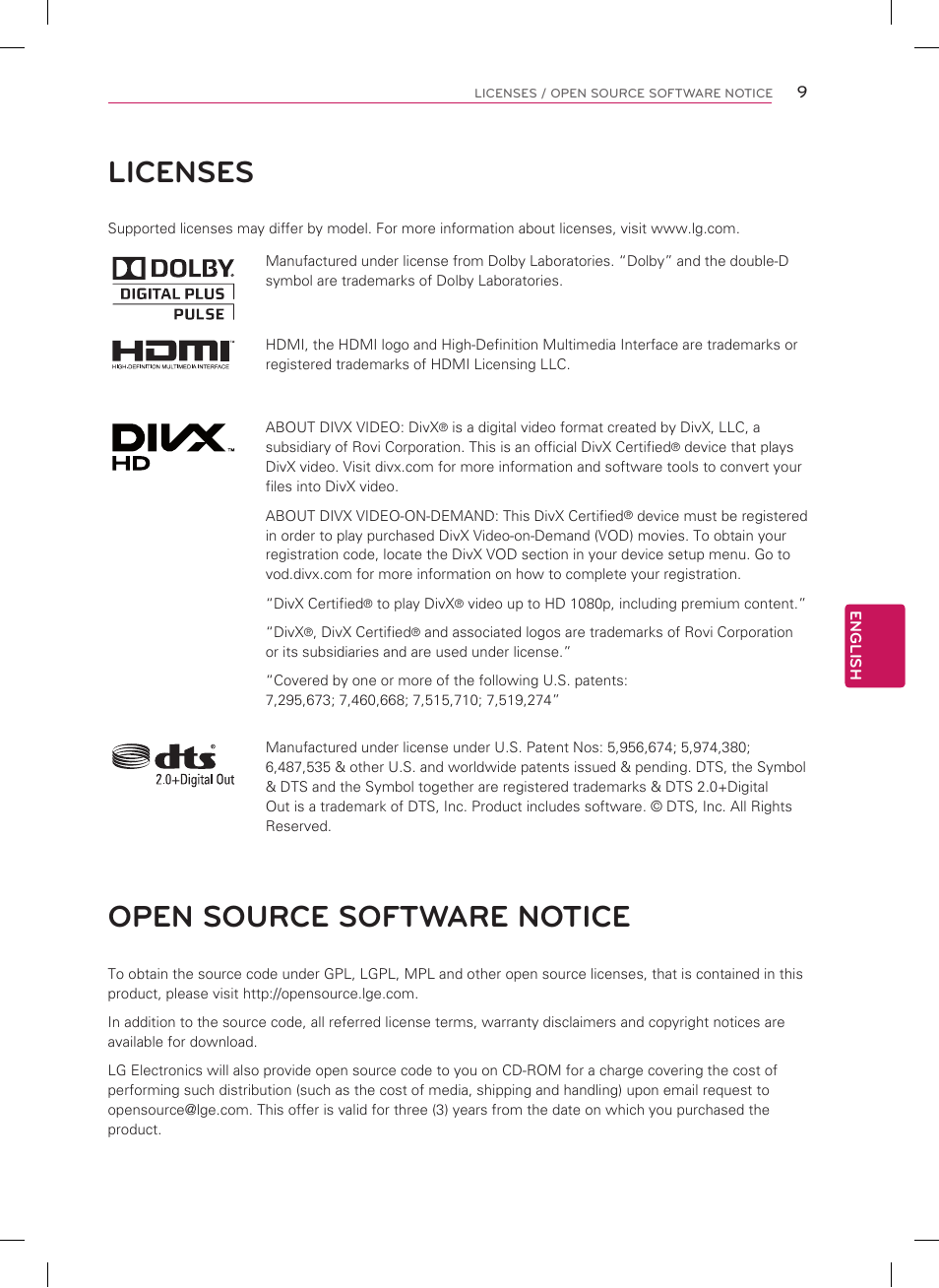 Licenses, Open source software notice | LG 55LM9600 User Manual | Page 9 / 40