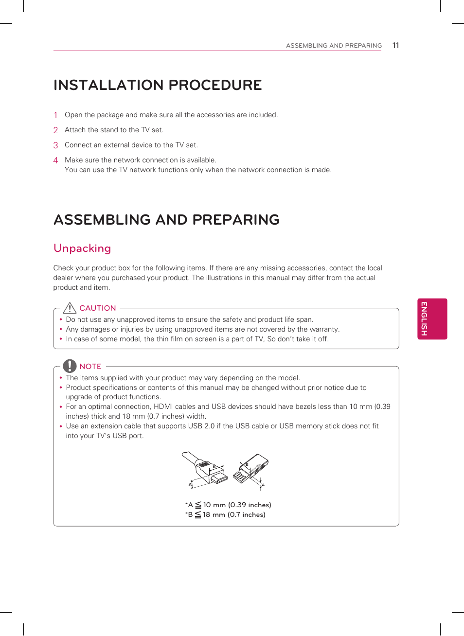 Installation procedure, Assembling and preparing, Unpacking | LG 55LM6400 User Manual | Page 11 / 44