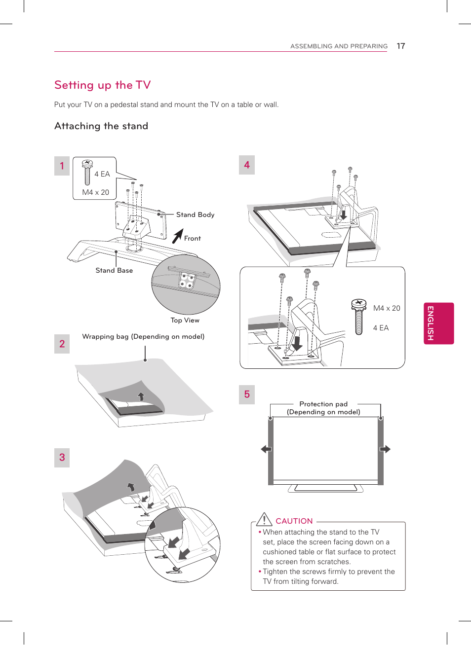 Setting up the tv, Attaching the stand | LG 55LM6400 User Manual | Page 17 / 44