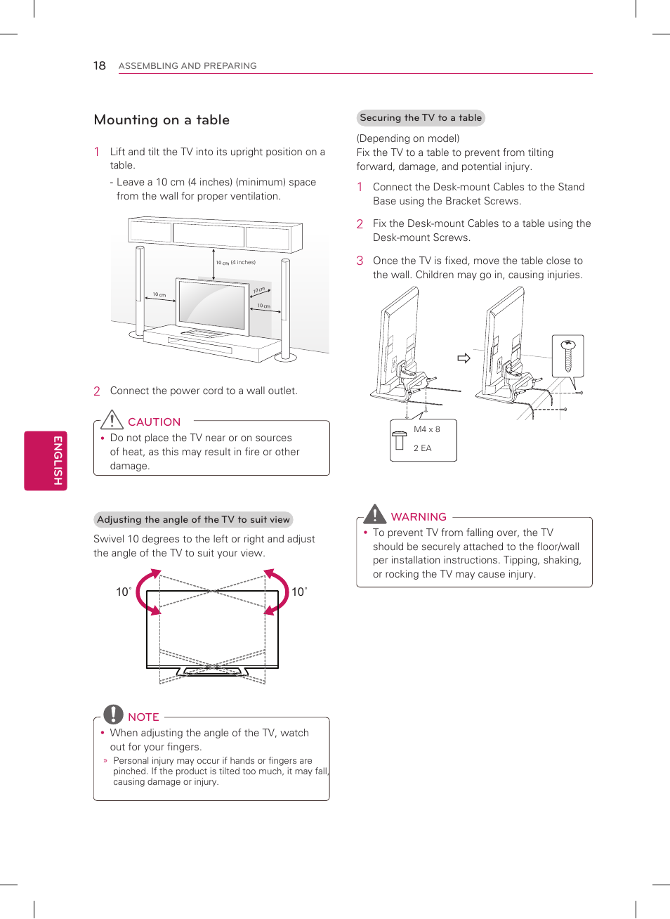Mounting on a table | LG 55LM6400 User Manual | Page 18 / 44