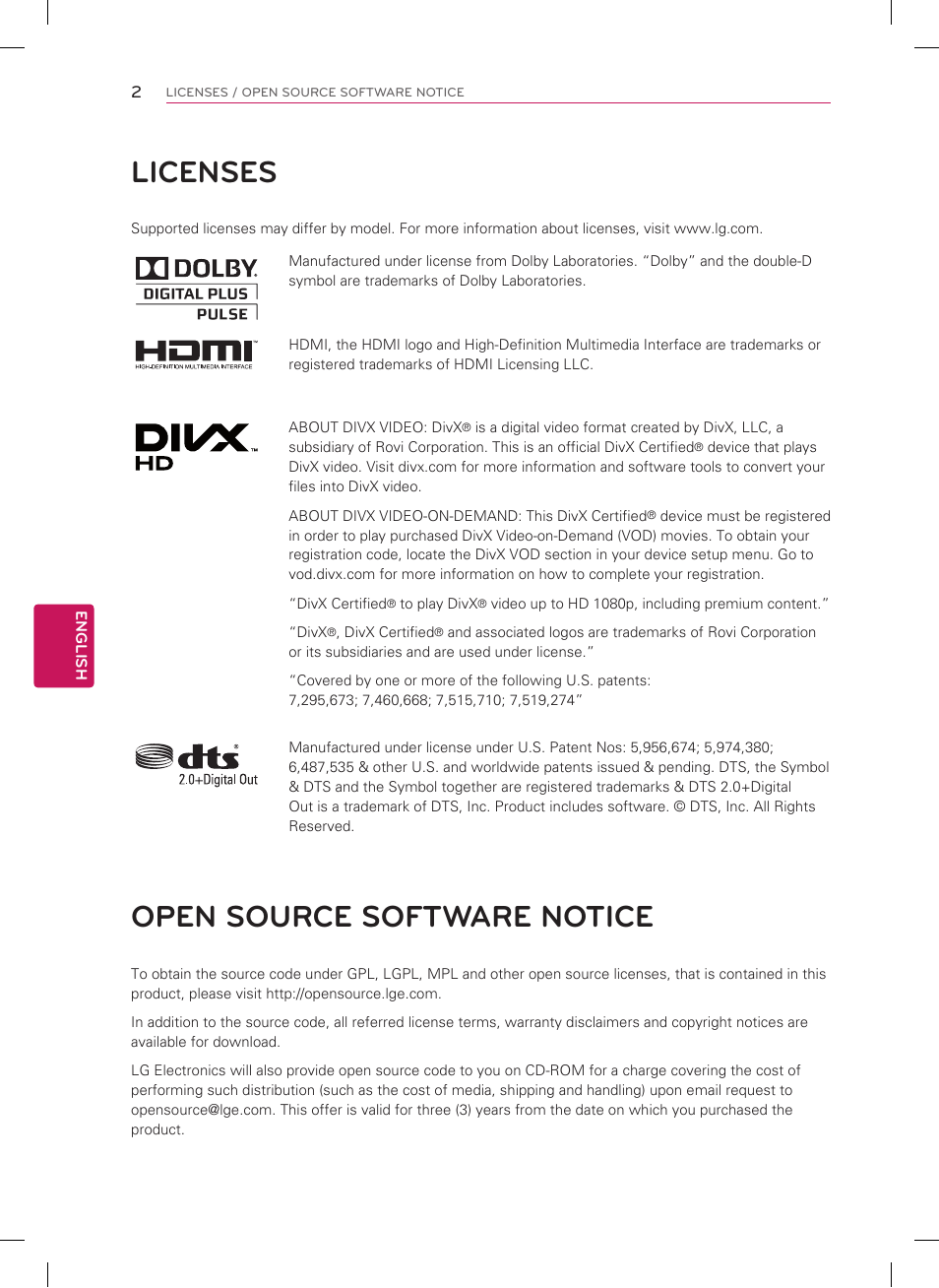 Licenses, Open source software notice | LG 55LM6400 User Manual | Page 2 / 44