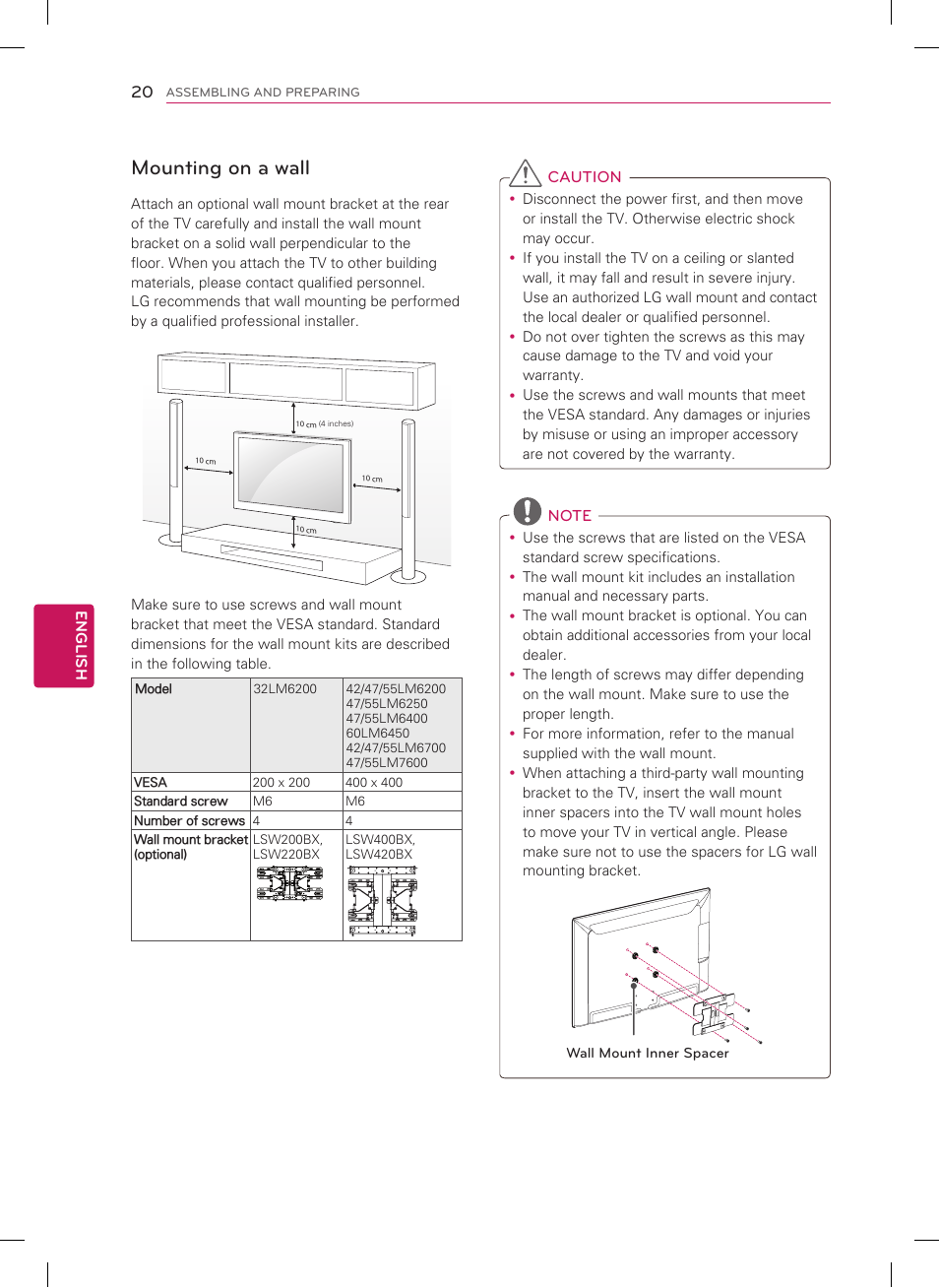 Mounting on a wall | LG 55LM6400 User Manual | Page 20 / 44