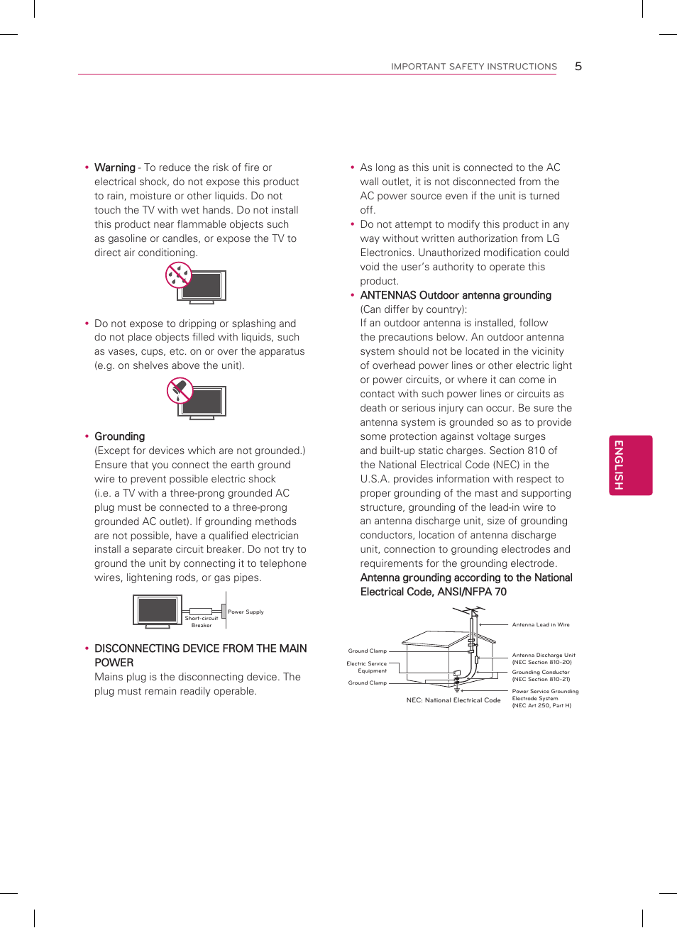 Short-circuit breaker power supply, English | LG 55LM6400 User Manual | Page 5 / 44