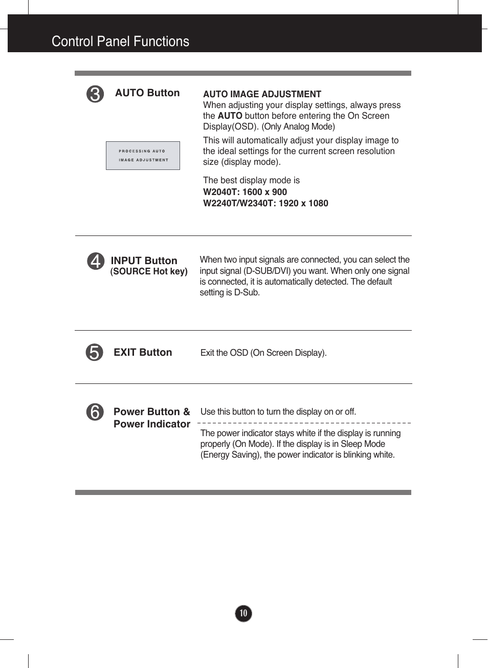 Control panel functions | LG W2040T-PN User Manual | Page 11 / 29