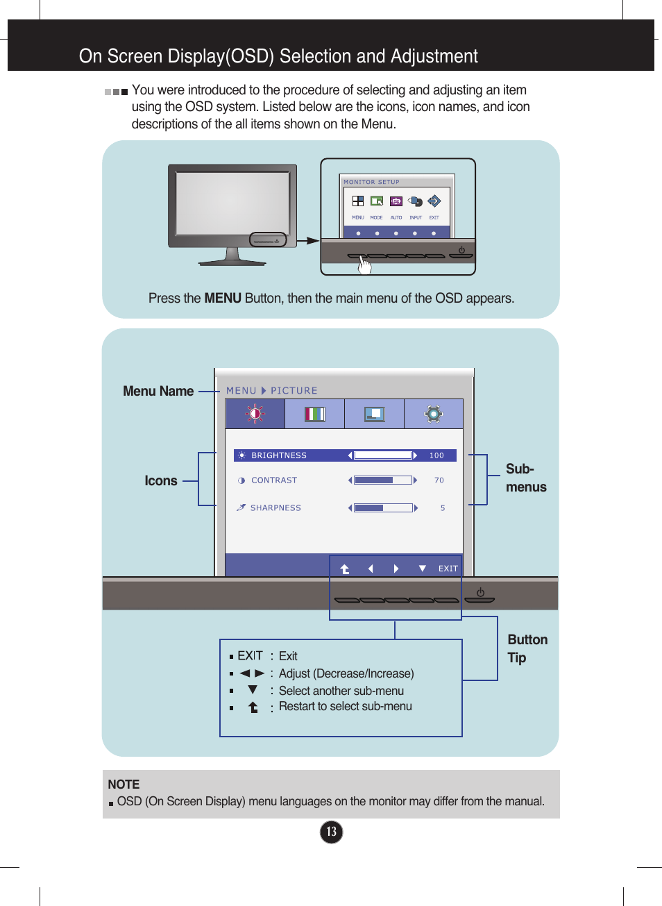 On screen display(osd) selection and adjustment | LG W2040T-PN User Manual | Page 14 / 29