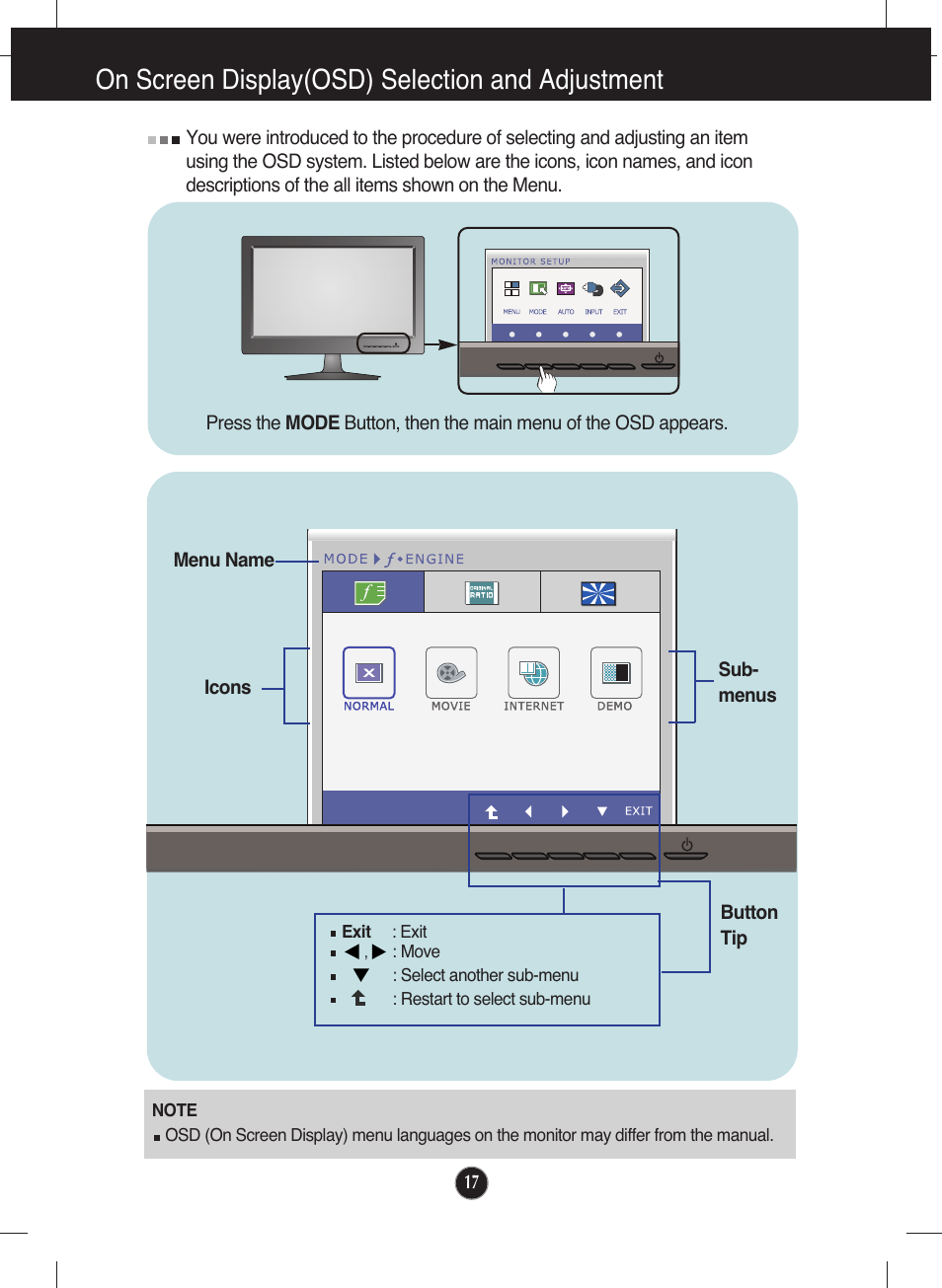 On screen display(osd) selection and adjustment | LG W2040T-PN User Manual | Page 18 / 29