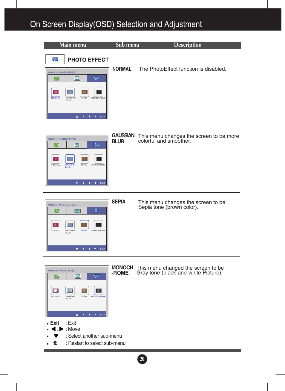 Photo effect, On screen display(osd) selection and adjustment | LG W2040T-PN User Manual | Page 21 / 29