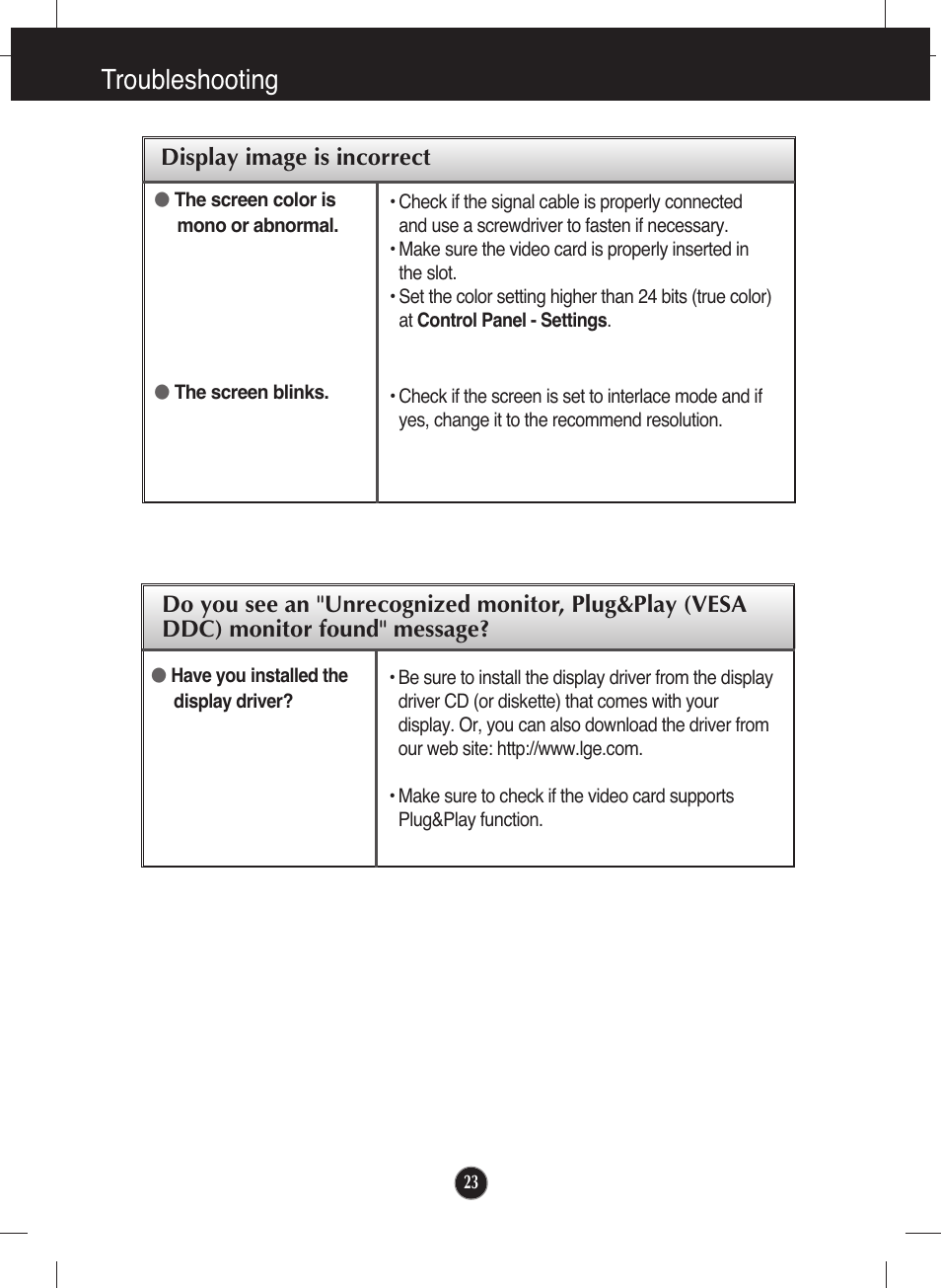 Troubleshooting | LG W2040T-PN User Manual | Page 24 / 29