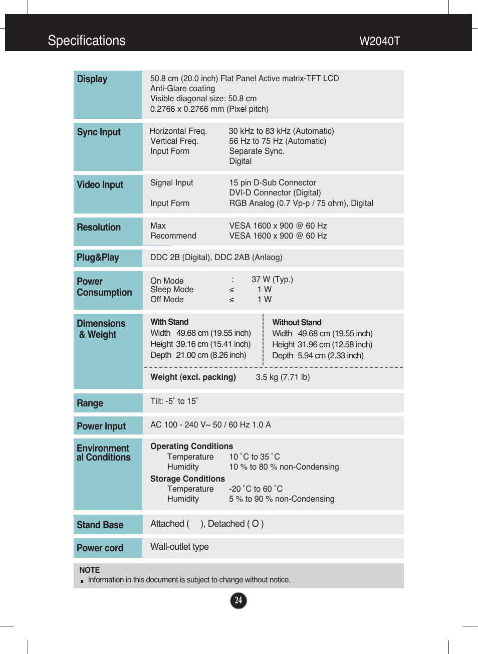 Specifications, W2040t | LG W2040T-PN User Manual | Page 25 / 29
