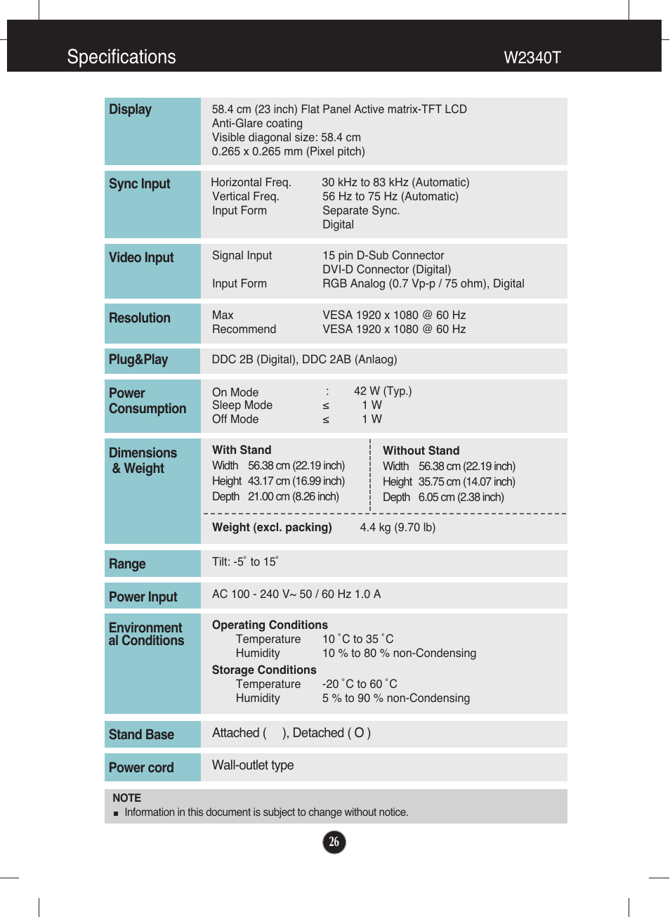 W2340t, Specifications | LG W2040T-PN User Manual | Page 27 / 29