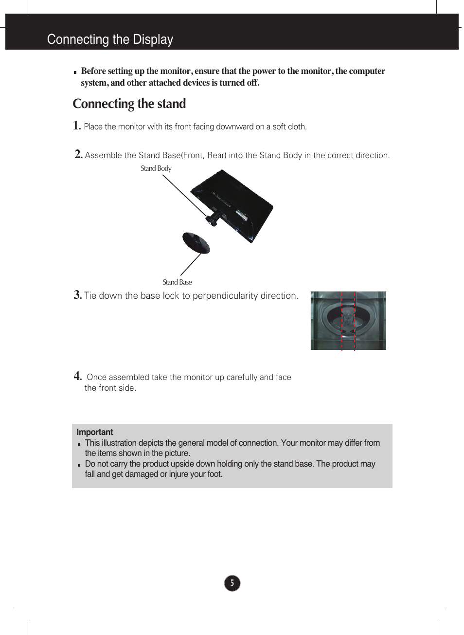 Connecting the display, Connecting the stand | LG W2040T-PN User Manual | Page 6 / 29