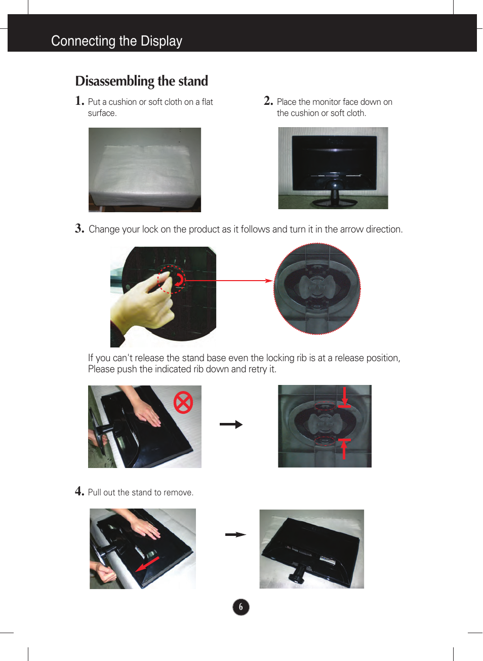 Disassembling the stand, Connecting the display disassembling the stand | LG W2040T-PN User Manual | Page 7 / 29