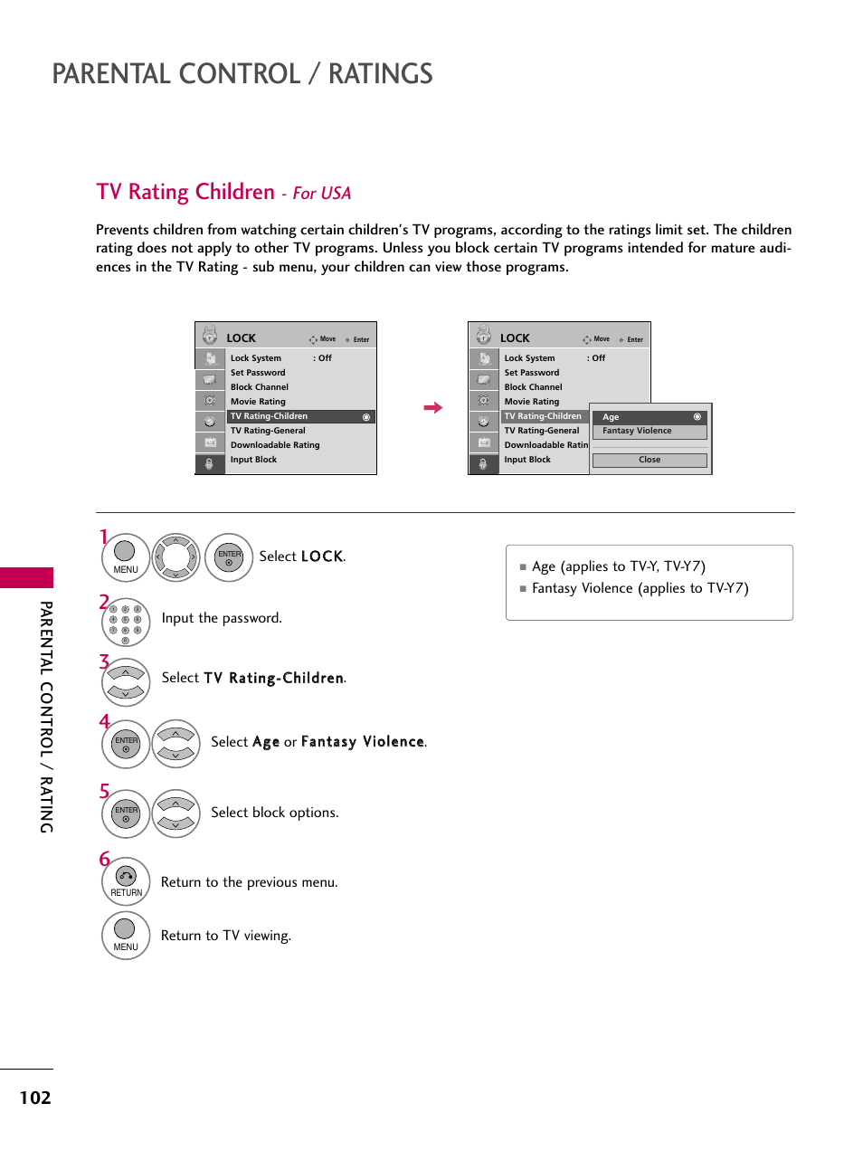 Tv rating children - for usa, Parental control / ratings, Tv rating children | For usa, Parent al contr ol / r ating | LG 22LU55-UB User Manual | Page 102 / 136