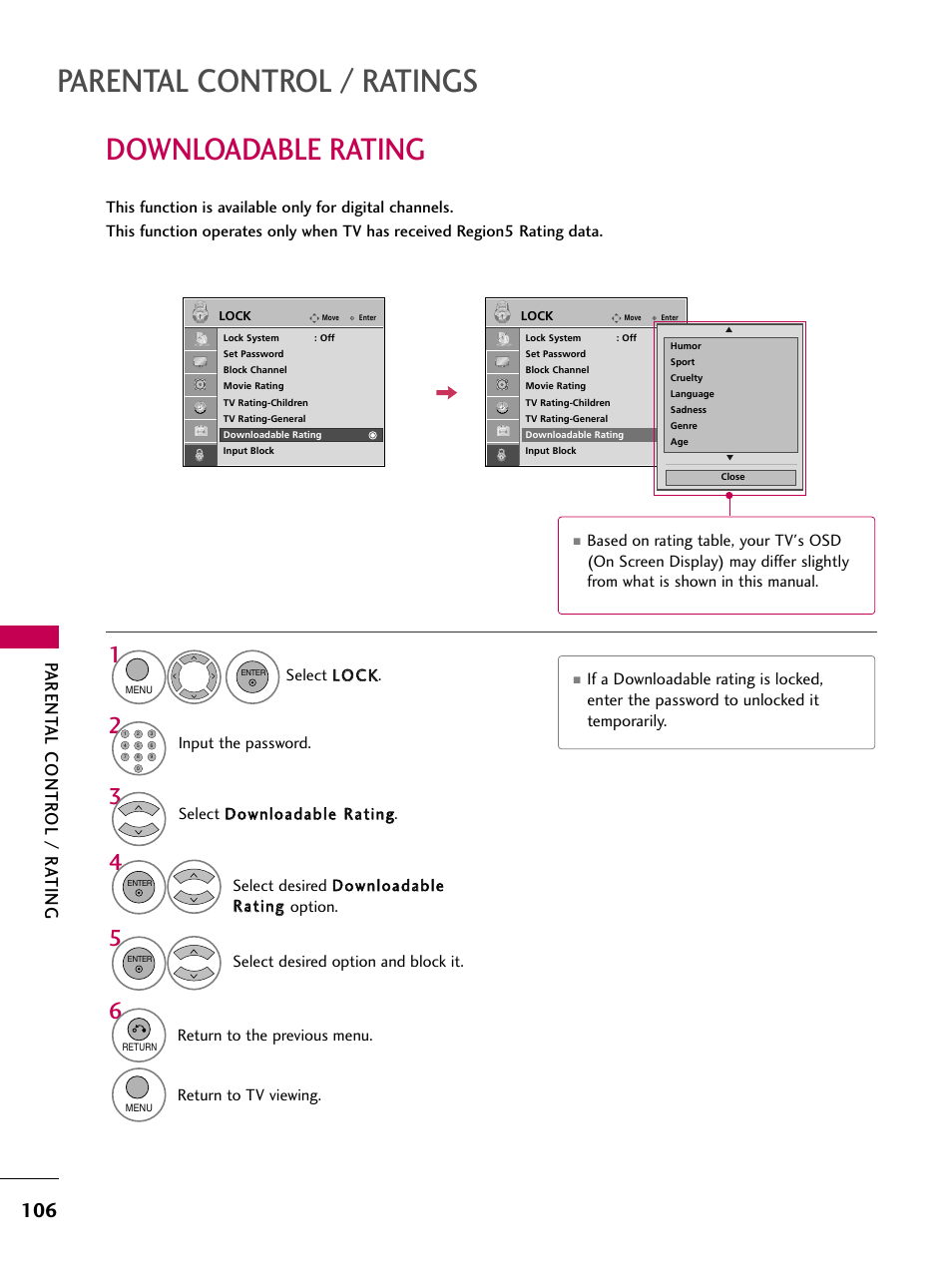 Downloadable rating, Parental control / ratings, Parent al contr ol / r ating | LG 22LU55-UB User Manual | Page 106 / 136