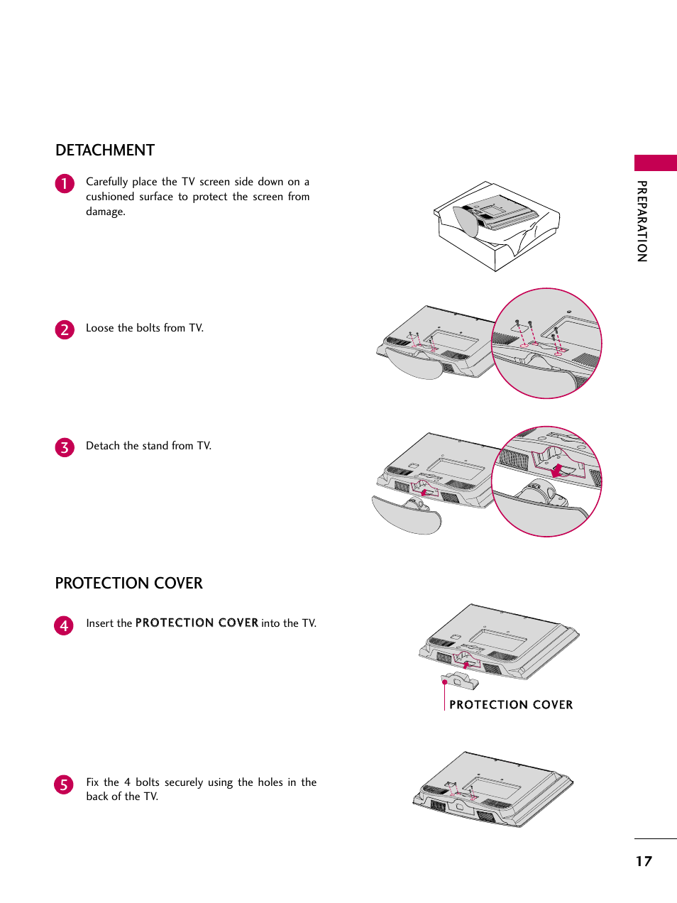 Protection cover, Detachment | LG 22LU55-UB User Manual | Page 17 / 136